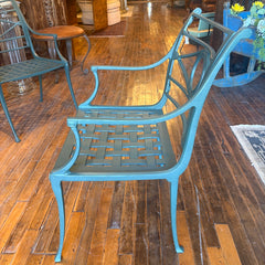 Pair of Neoclassical Style Cast Aluminum Patio Arm Chairs in Sea Green, With Weave Style Seats, Sku: 033758