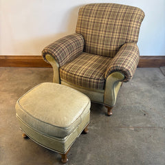 Great Western Brand Armchair Ottoman Set, Pale Green Leather, Plaid Upholstery, Sku: 033674