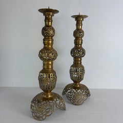 Pair of Large Brass Candlesticks with Filigree Detail. Sku, 032983