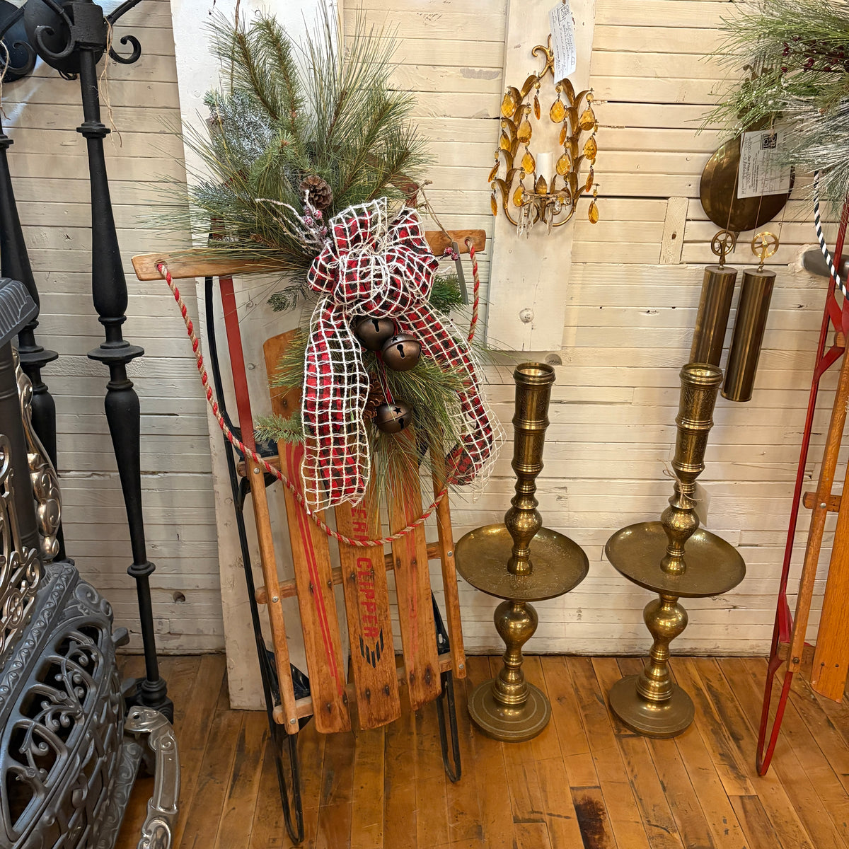 Vintage Sled Adorned and Reimagined with Holiday Charm, White, Black and Red Ribbon, Sku 033283