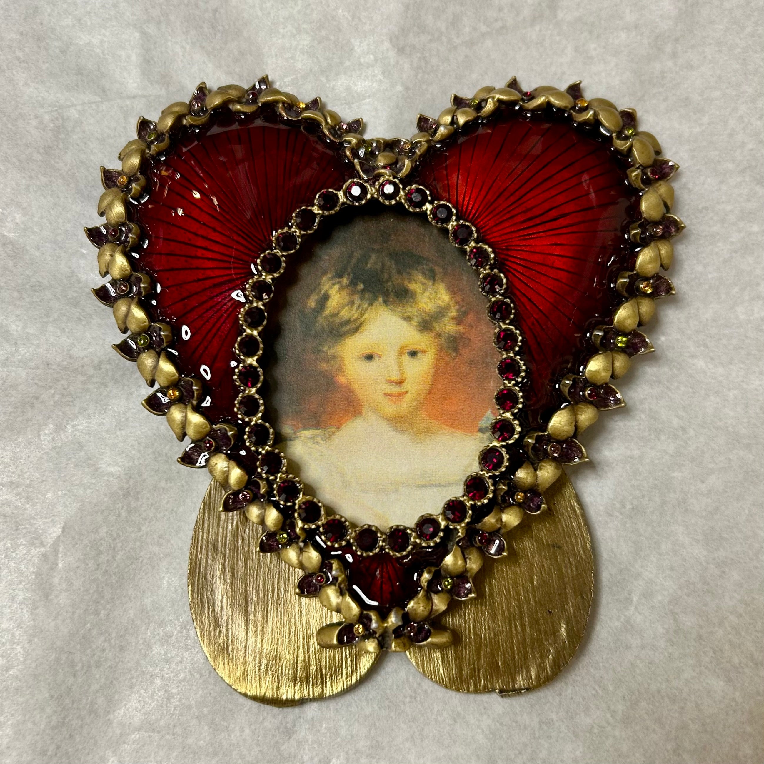 Jay Strongwater Petite Picture Frame, Easel Back, Heart Shaped, Brass, Enamel, Crystals, Sku: 033162