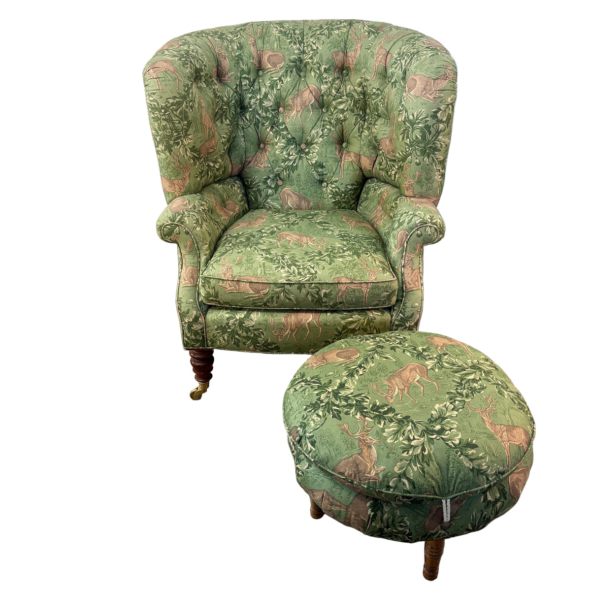 Baker / Slifer Designs Tufted Back Armchair Turned legs on Casters Green Deer Motif Fabric & Footstool, Sku 033229