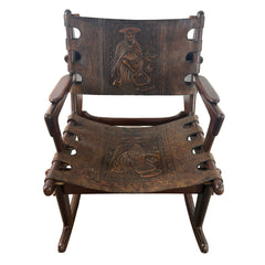 Angel Pazmino for Muebles de Estilo Rocking Chair, Ecuadorian Mid Century Safari Leather, Embossed, Teak Wood, Sku: 033127
