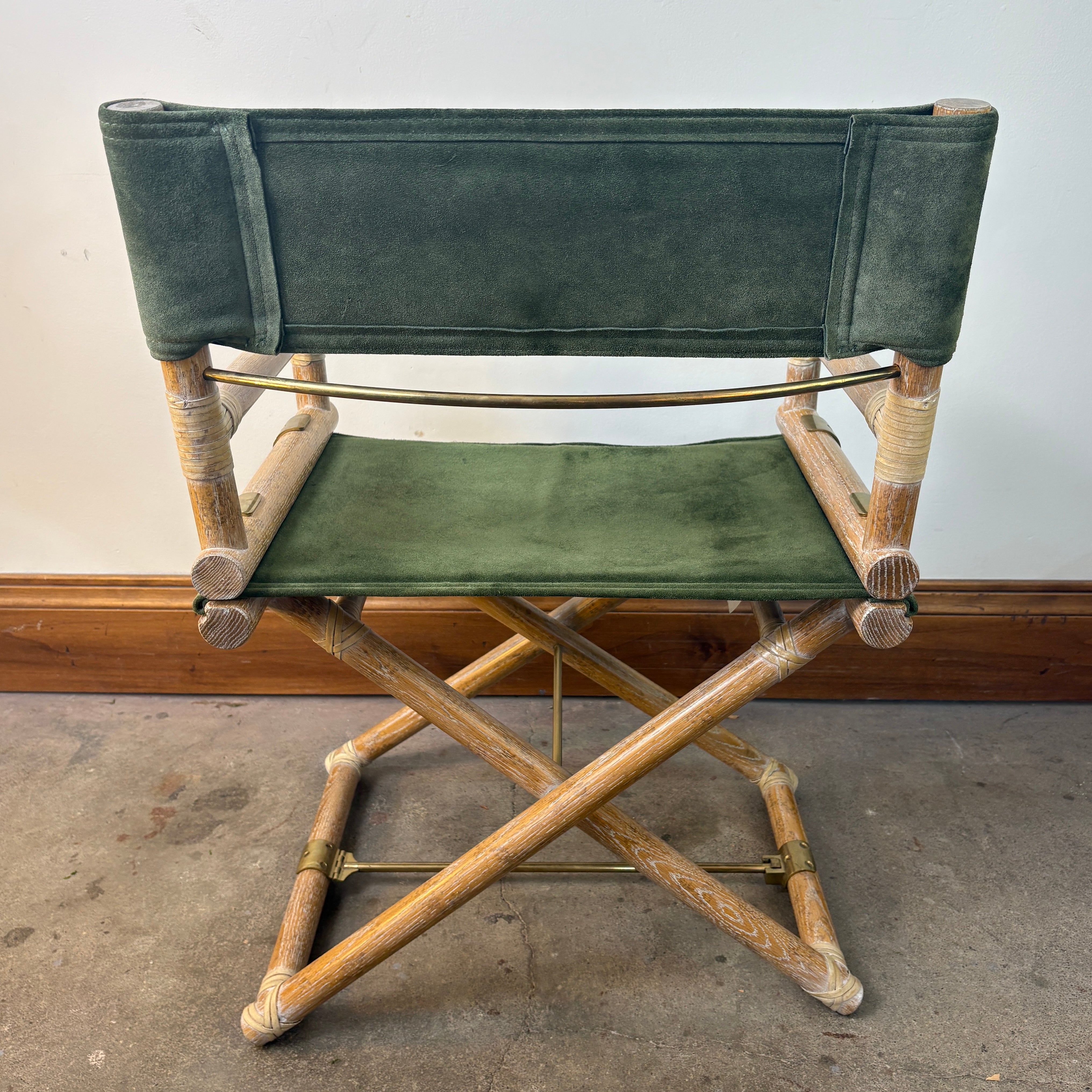 Vintage McGuire Oak, Leather and Brass Directors Chairs, Green Suede.  Sold only in Pairs.  Each Chair is $1250.