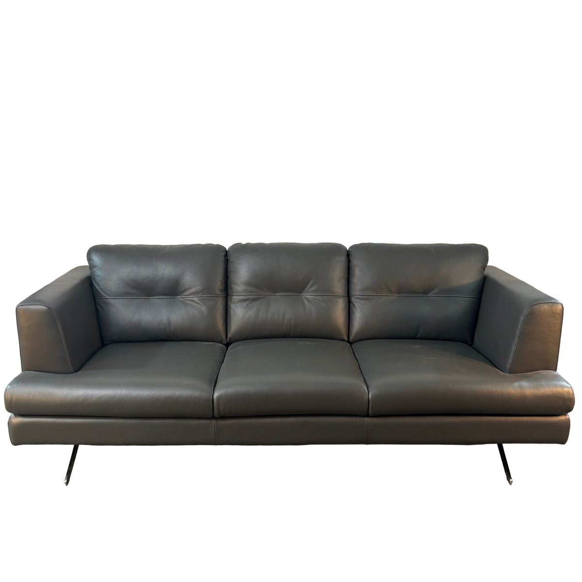 Gray-Green Leather Sofa Modern Styling with Track Arm and Chrome Legs, Sku: 033276