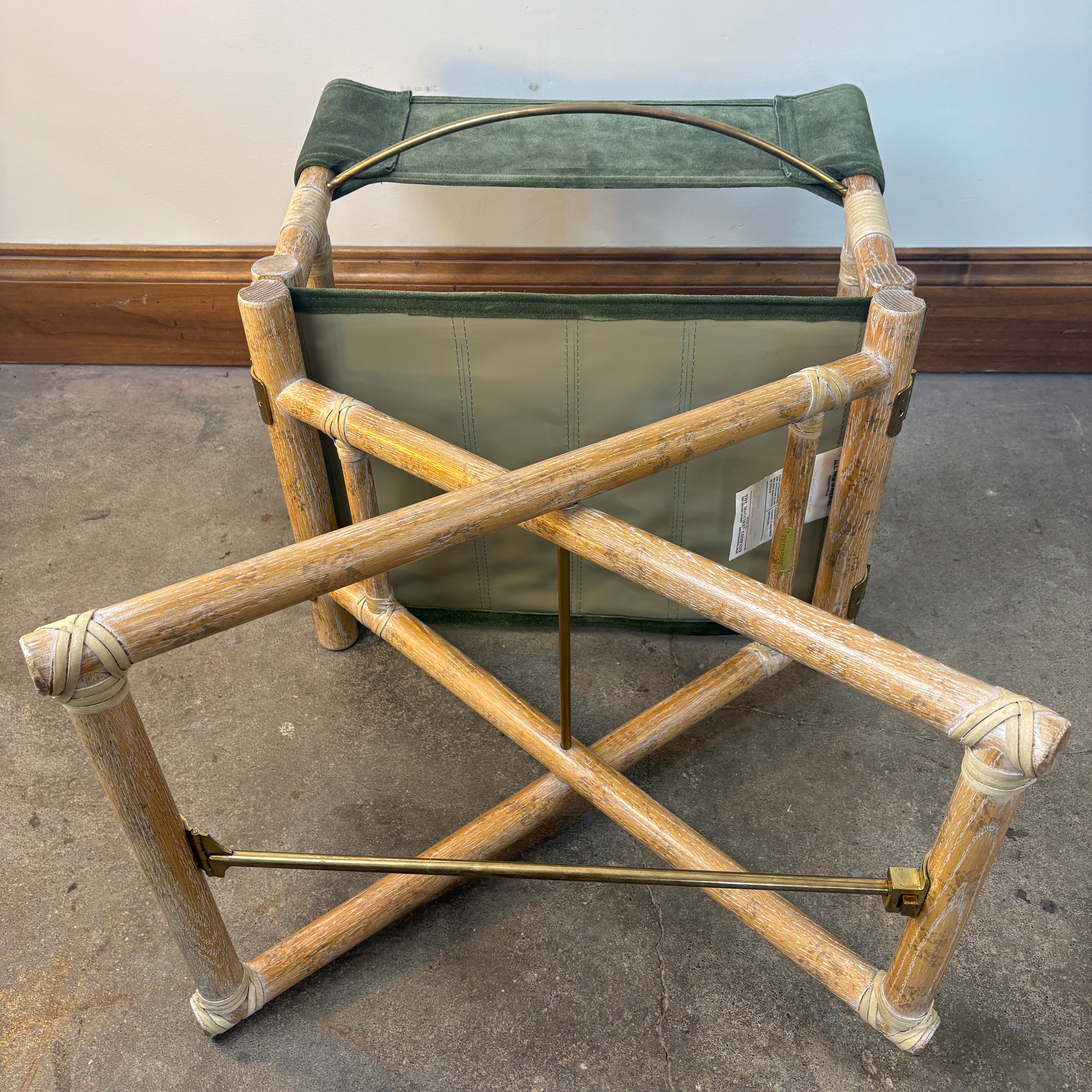 Vintage McGuire Oak, Leather and Brass Directors Chairs, Green Suede.  Sold only in Pairs.  Each Chair is $1250.