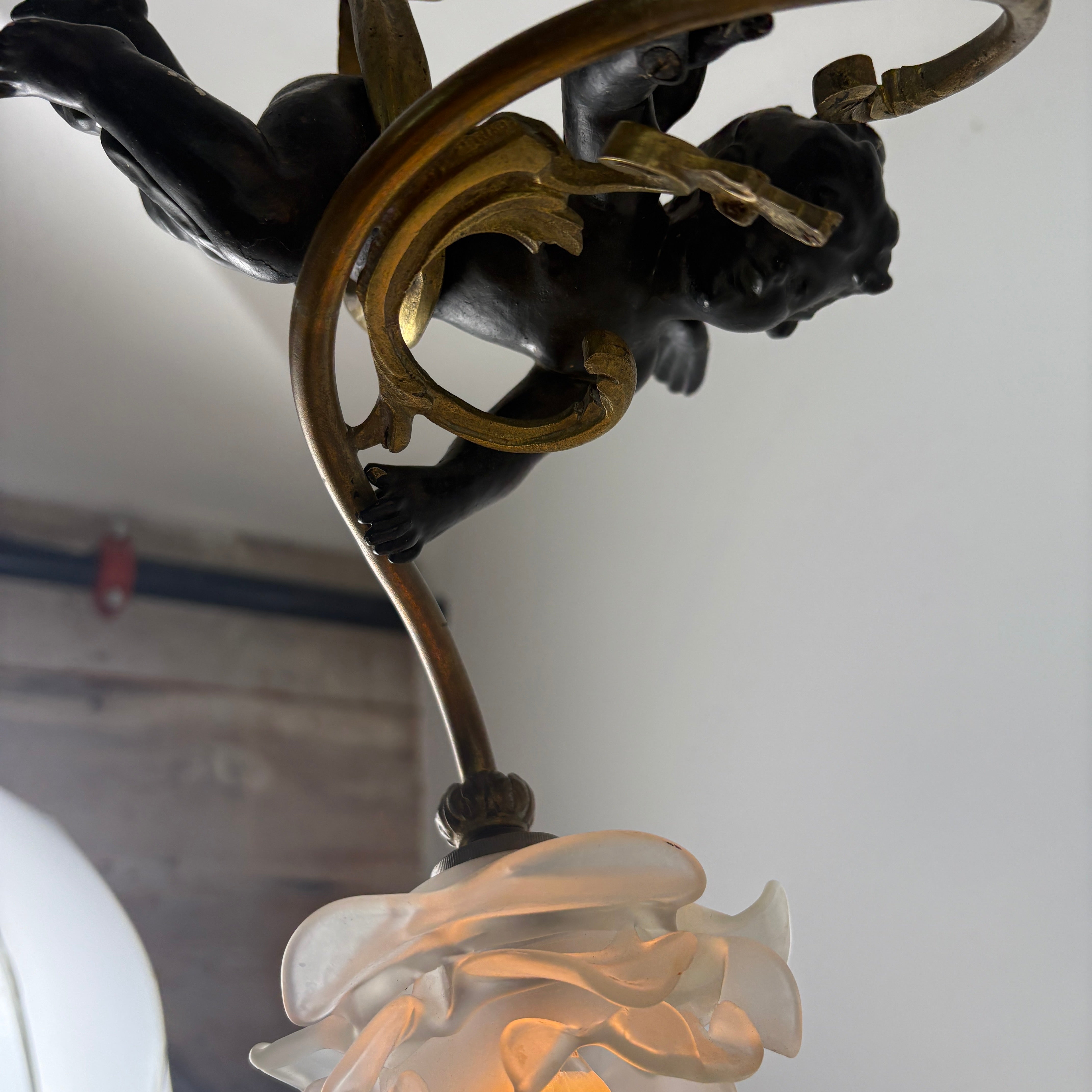 Cupid and Rosette Pendant Light Antique Gold and Bronze Like Finish, Sku 033113