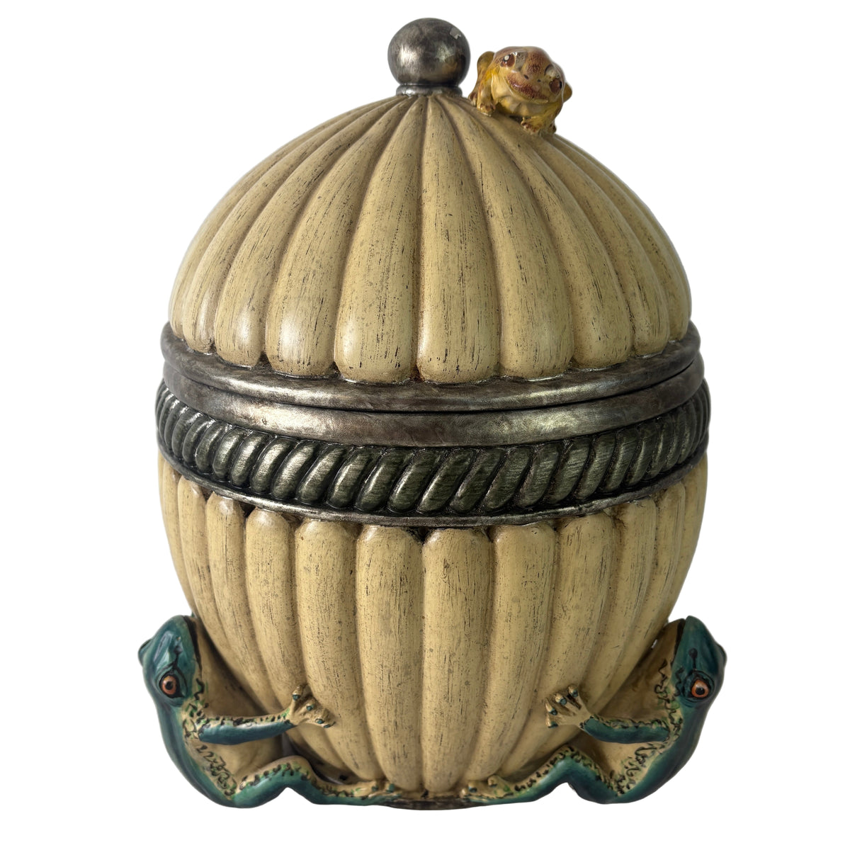 Lidded Vessel, Fluted Detail with Frogs, Constructed of Resin, Sku: 033200