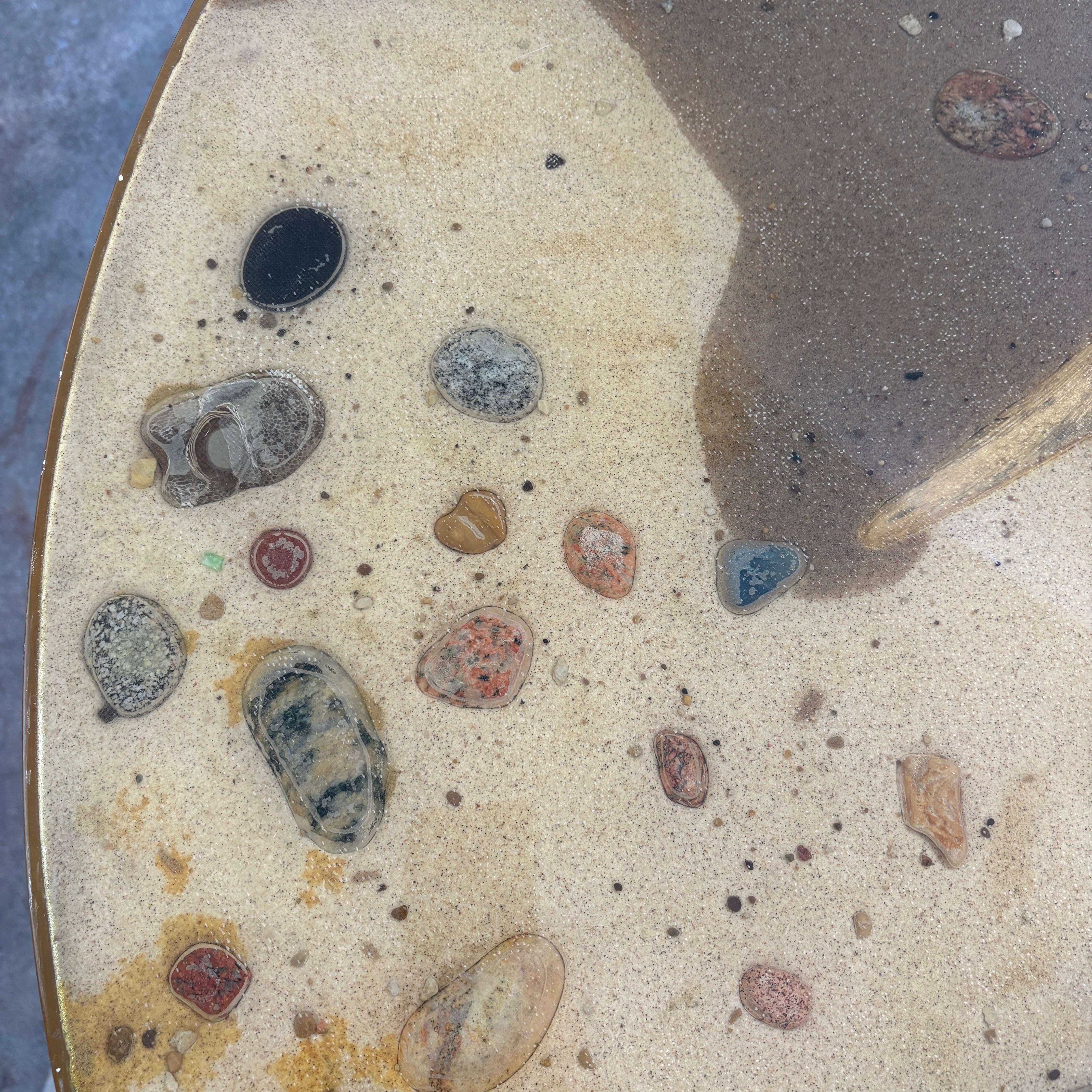 "Waters Edge" Table Top by Rob Roy on a Black Steel Tulip Base by Burke, 1960's Era Table w/ Seashells