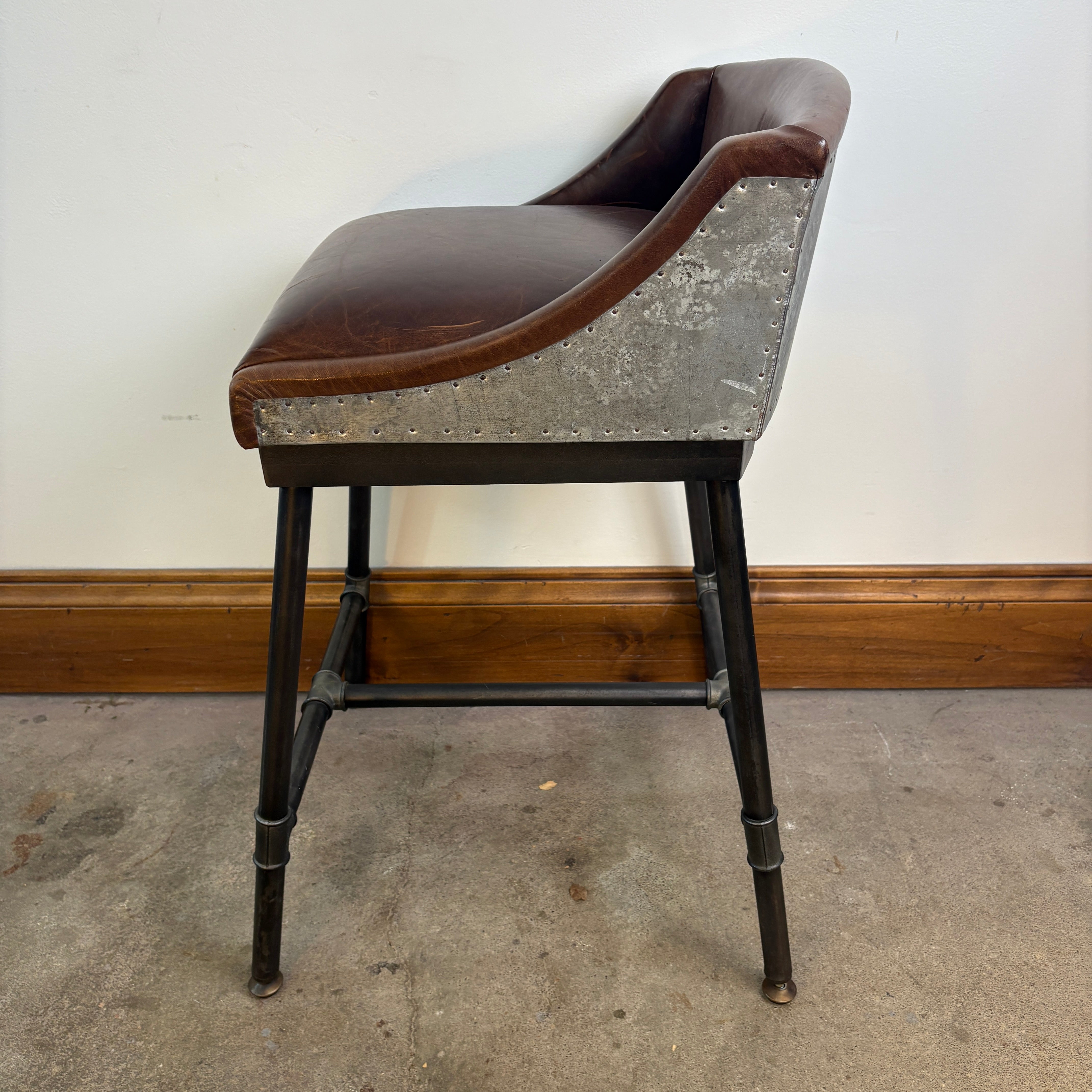 RH Counter Stool, Leather, Galvinized Metal and Steel Pipe Foundation Sku, 033002