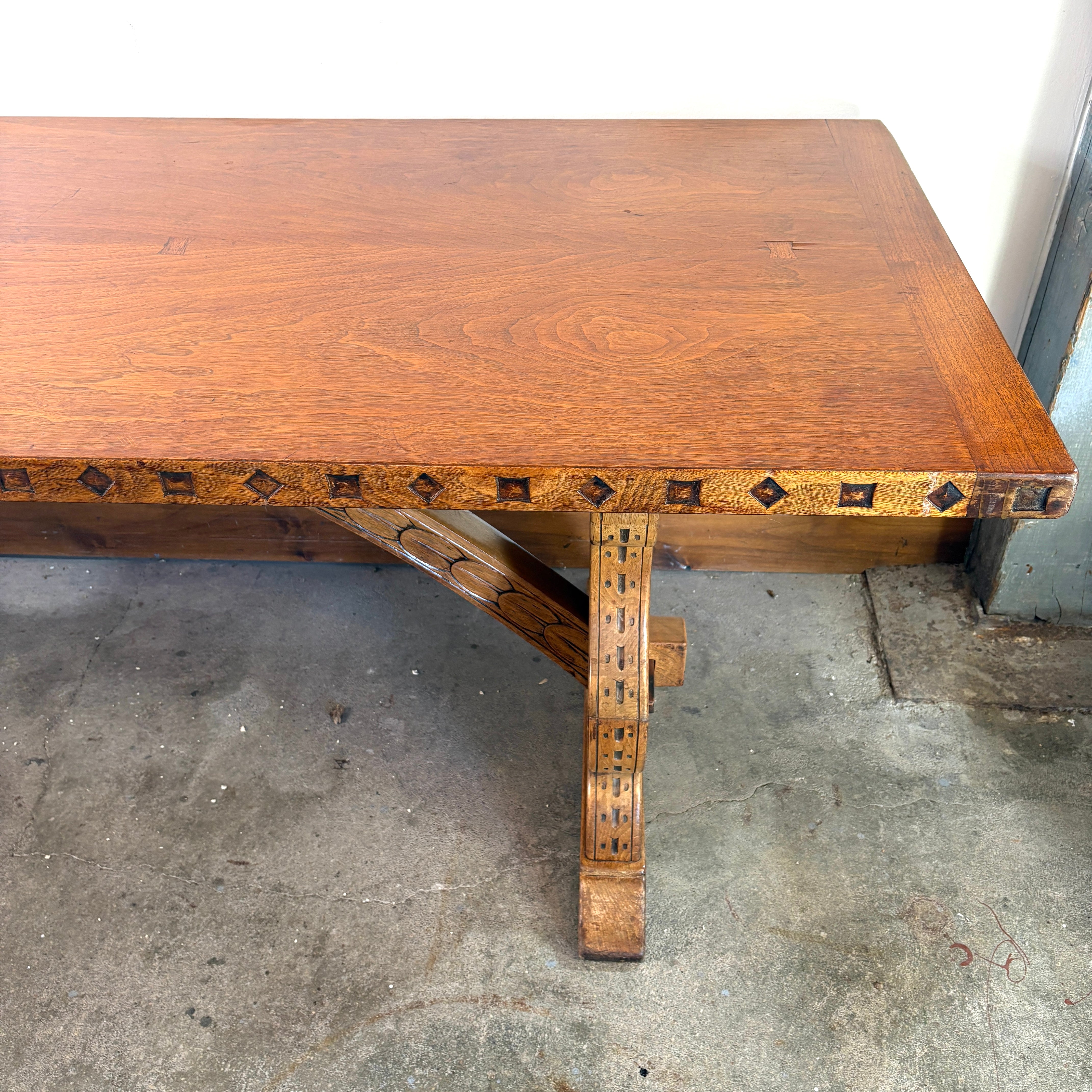 Vintage Long Pedestal Table with Bowtie Joinery and Mortise & Tenon Base, Sku 033112