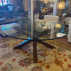 Swaim Glass Top Dining Table with Wood "Jack" Style Base, Sku 033043