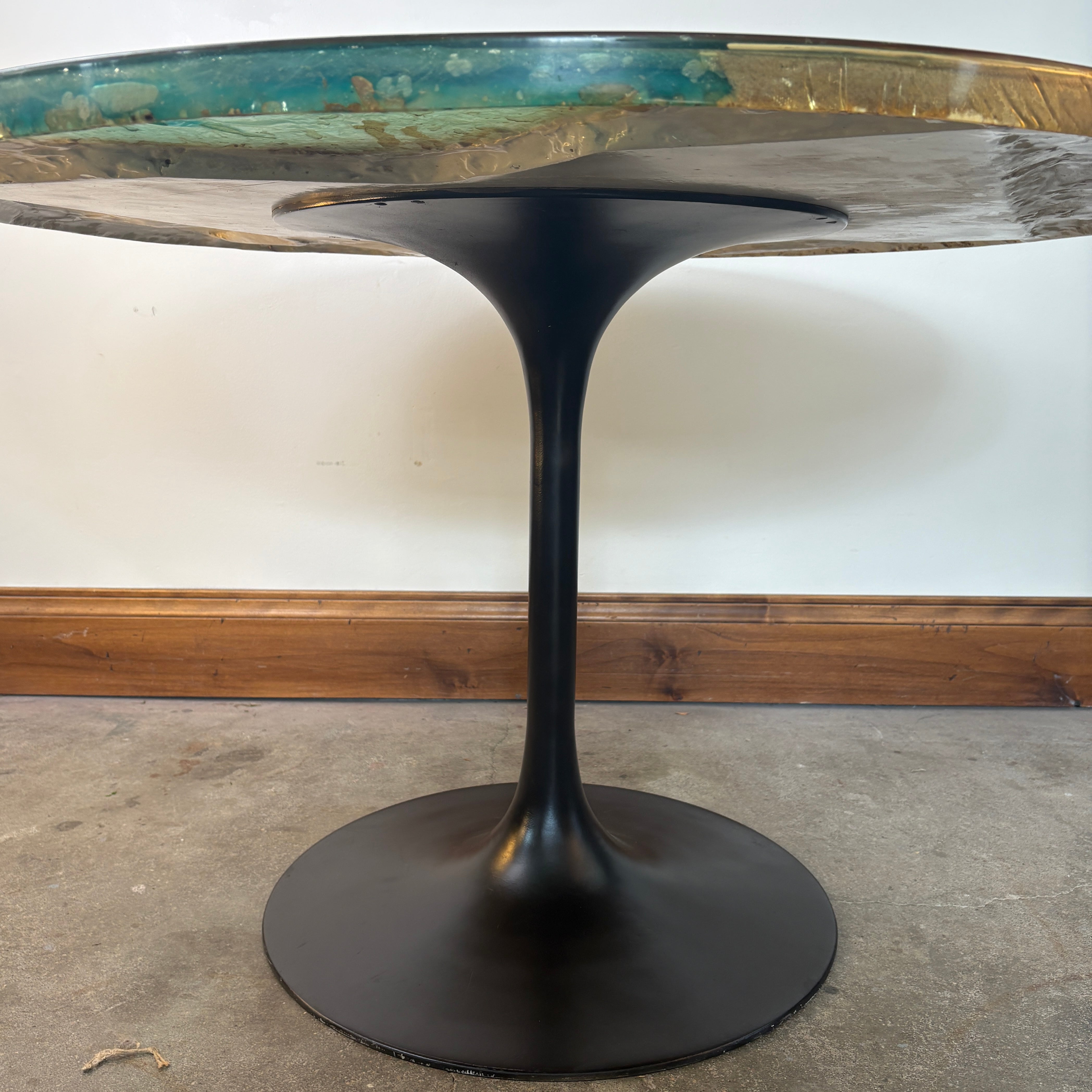"Waters Edge" Table Top by Rob Roy on a Black Steel Tulip Base by Burke, 1960's Era Table w/ Seashells