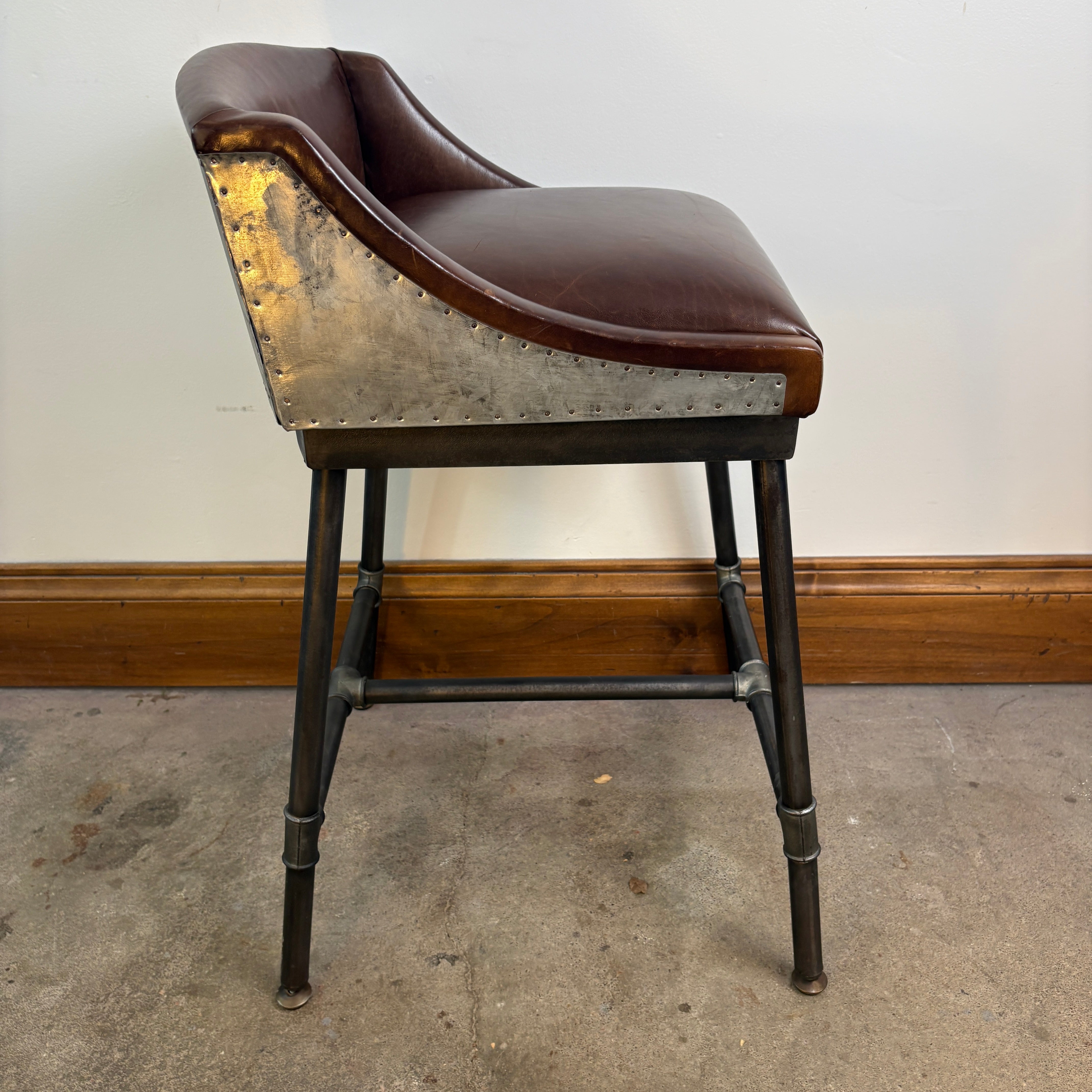 RH Counter Stool, Leather, Galvinized Metal and Steel Pipe Foundation Sku, 033002