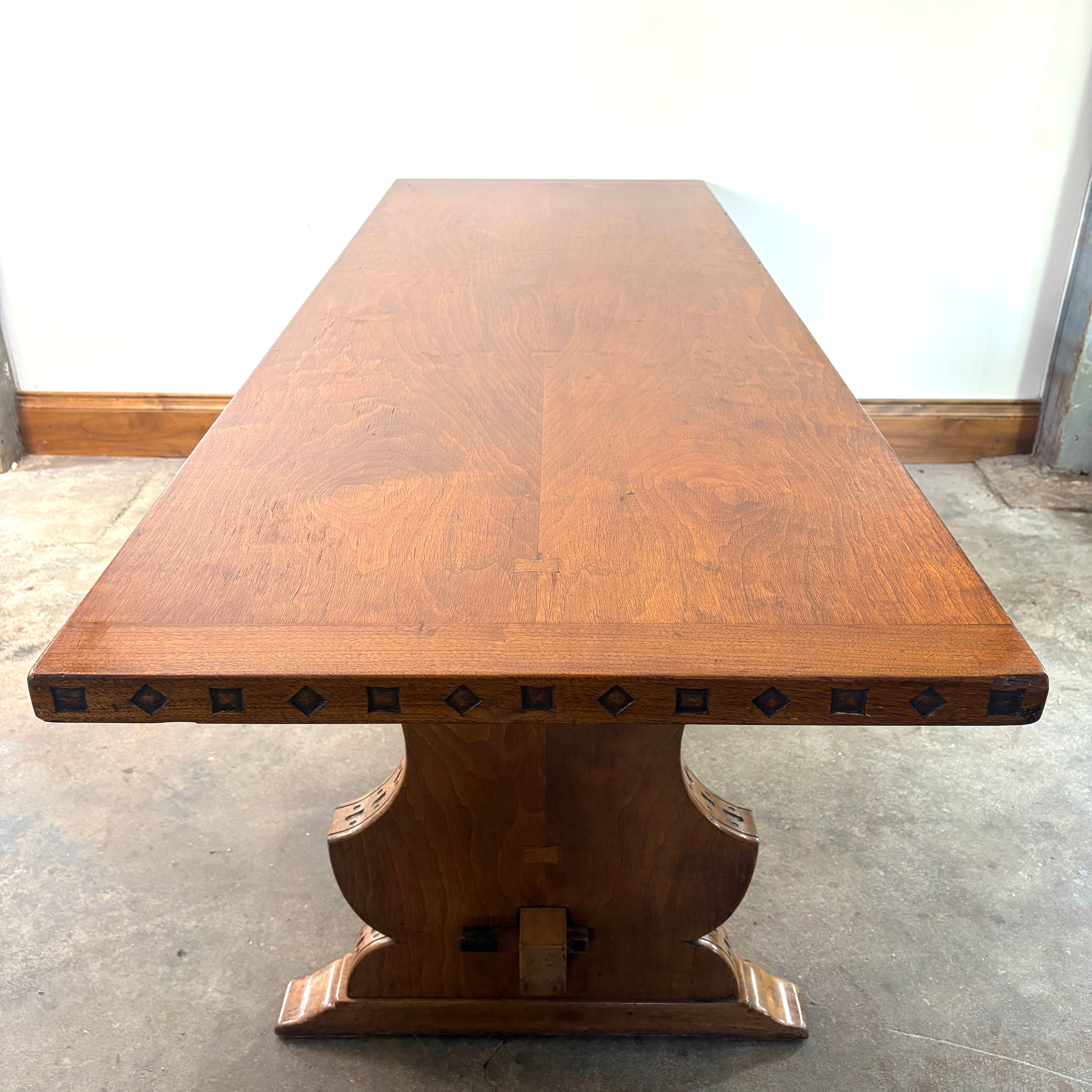 Vintage Long Pedestal Table with Bowtie Joinery and Mortise & Tenon Base, Sku 033112