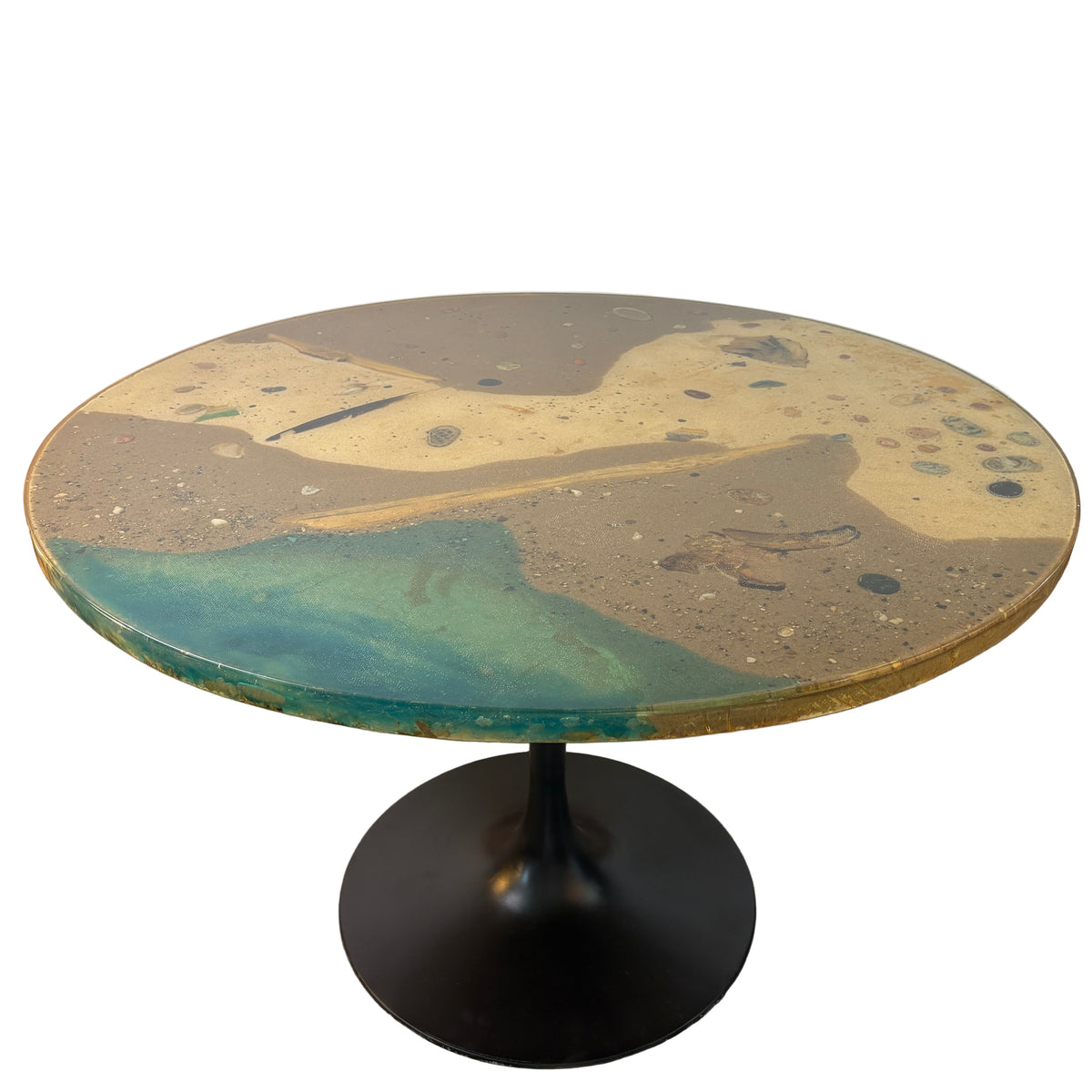 "Waters Edge" Table Top by Rob Roy on a Black Steel Tulip Base by Burke, 1960's Era Table w/ Seashells