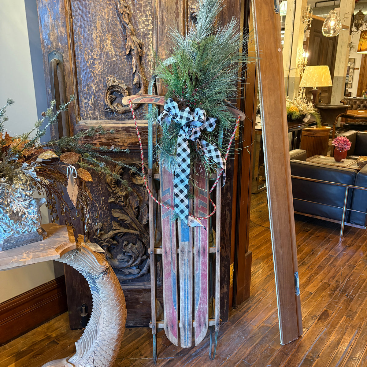 Vintage Sled Adorned and Reimagined with Holiday Charm, Checkered Ribbon, Sku 033282