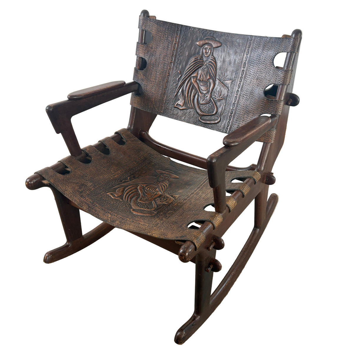 Angel Pazmino for Muebles de Estilo Rocking Chair, Ecuadorian Mid Century Safari Leather, Embossed, Teak Wood, Sku: 033127