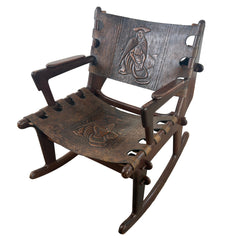 Angel Pazmino for Muebles de Estilo Rocking Chair, Ecuadorian Mid Century Safari Leather, Embossed, Teak Wood, Sku: 033127
