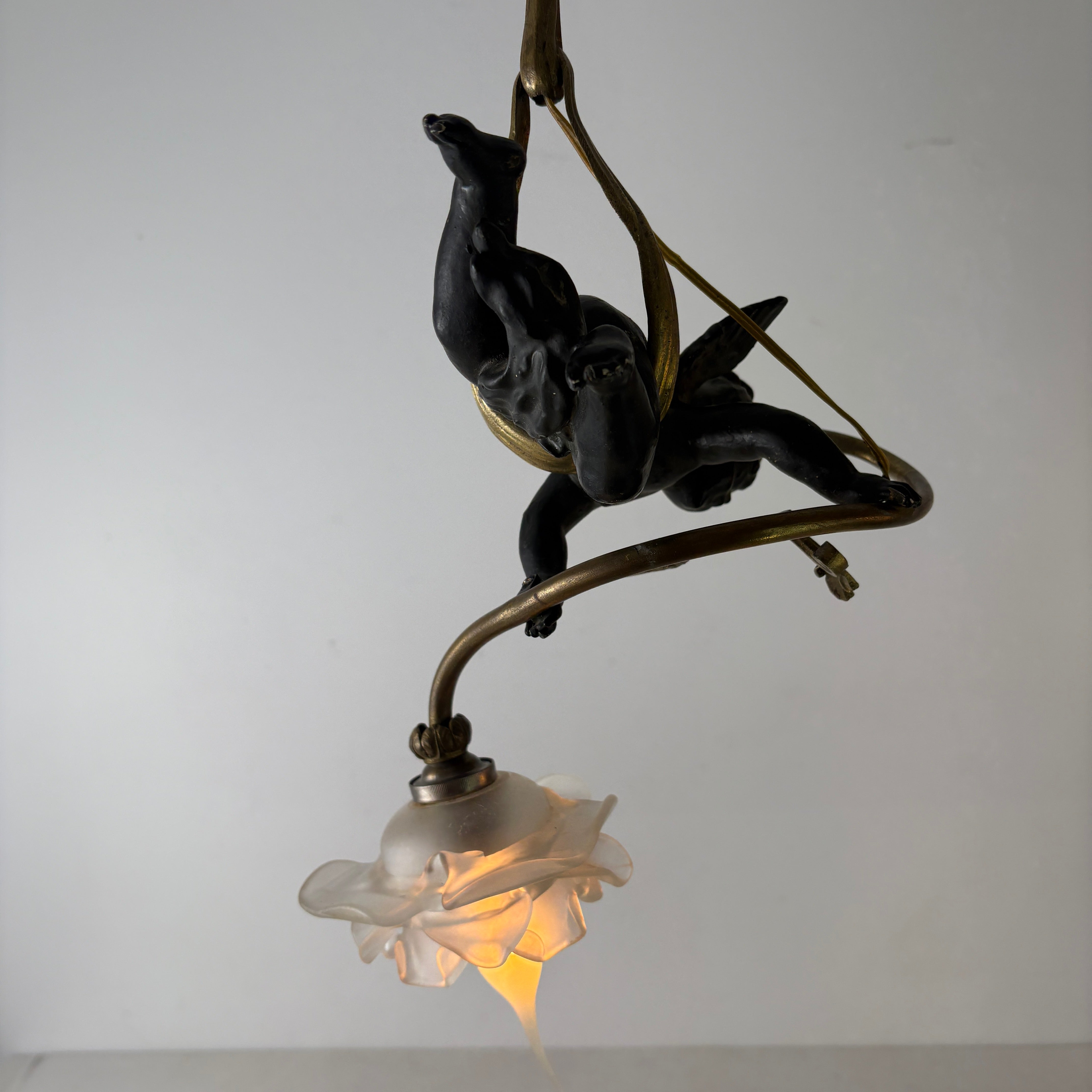 Cupid and Rosette Pendant Light Antique Gold and Bronze Like Finish, Sku 033113