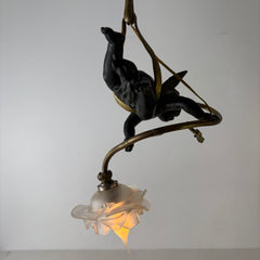 Cupid and Rosette Pendant Light Antique Gold and Bronze Like Finish, Sku 033113