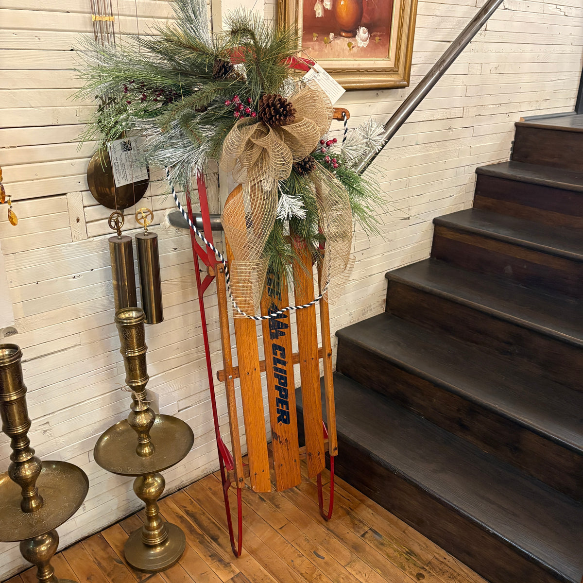 Vintage Sled Adorned and Reimagined with Holiday Charm, Natural Fiber Ribbon, Sku 033281