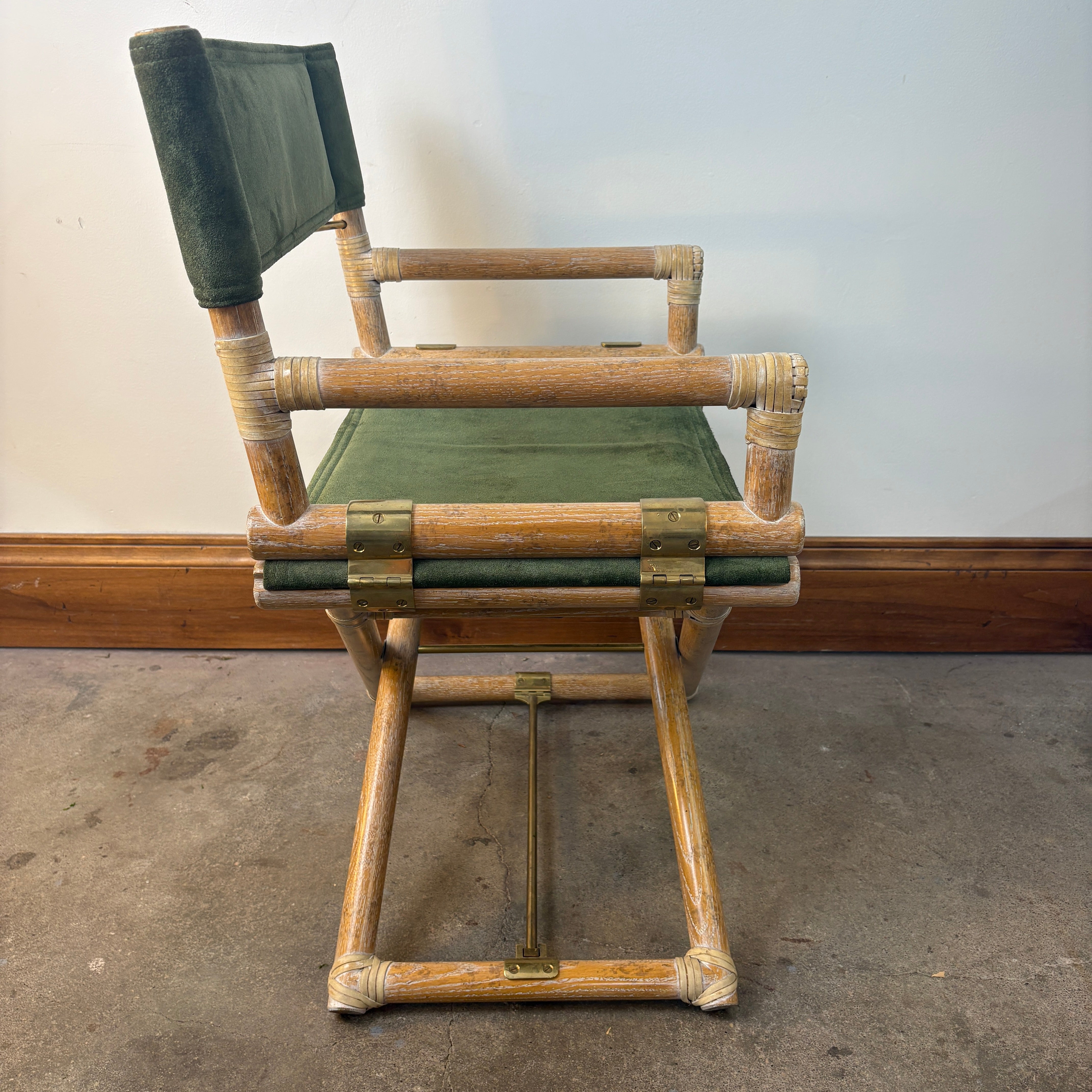 Vintage McGuire Oak, Leather and Brass Directors Chairs, Green Suede.  Sold only in Pairs.  Each Chair is $1250.