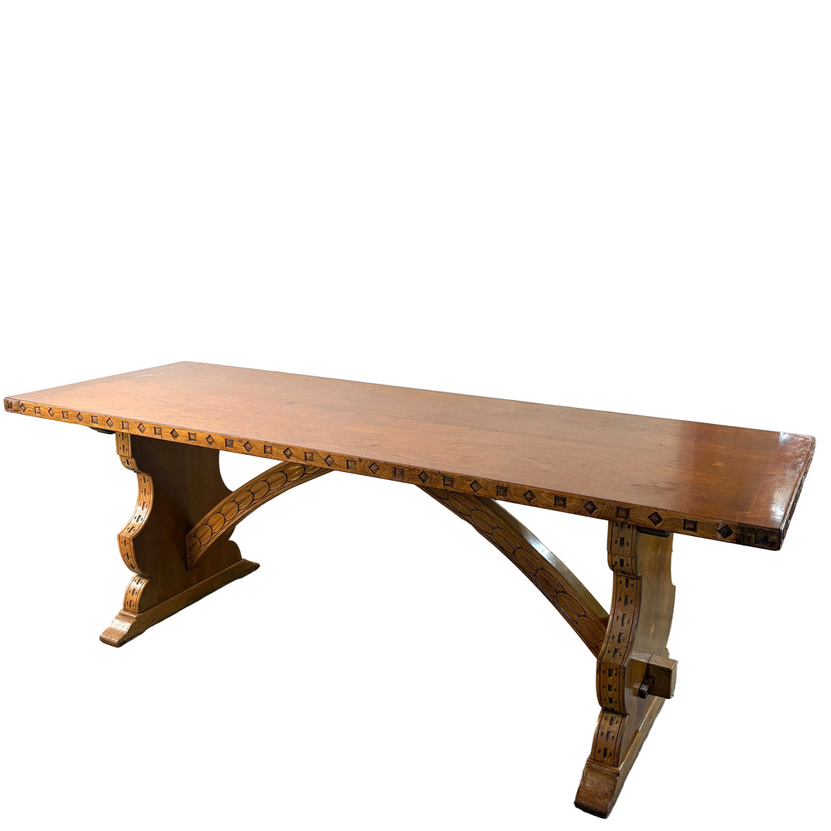 Vintage Long Pedestal Table with Bowtie Joinery and Mortise & Tenon Base, Sku 033112
