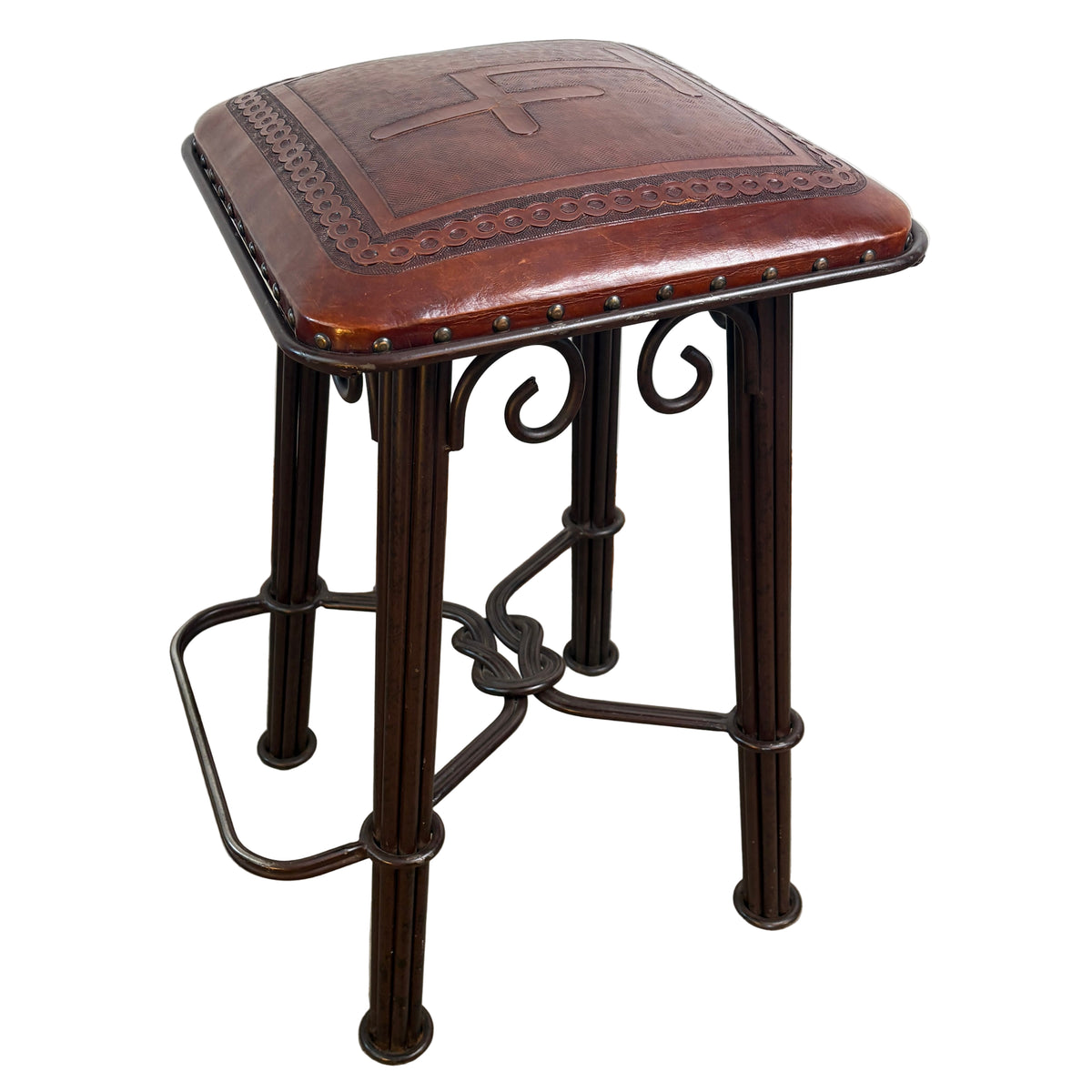 Leather and Iron Counter Height Stool w/ Branding, Sku 033023