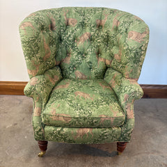 Baker / Slifer Designs Tufted Back Armchair Turned legs on Casters Green Deer Motif Fabric & Footstool, Sku 033229