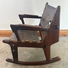 Angel Pazmino for Muebles de Estilo Rocking Chair, Ecuadorian Mid Century Safari Leather, Embossed, Teak Wood, Sku: 033127