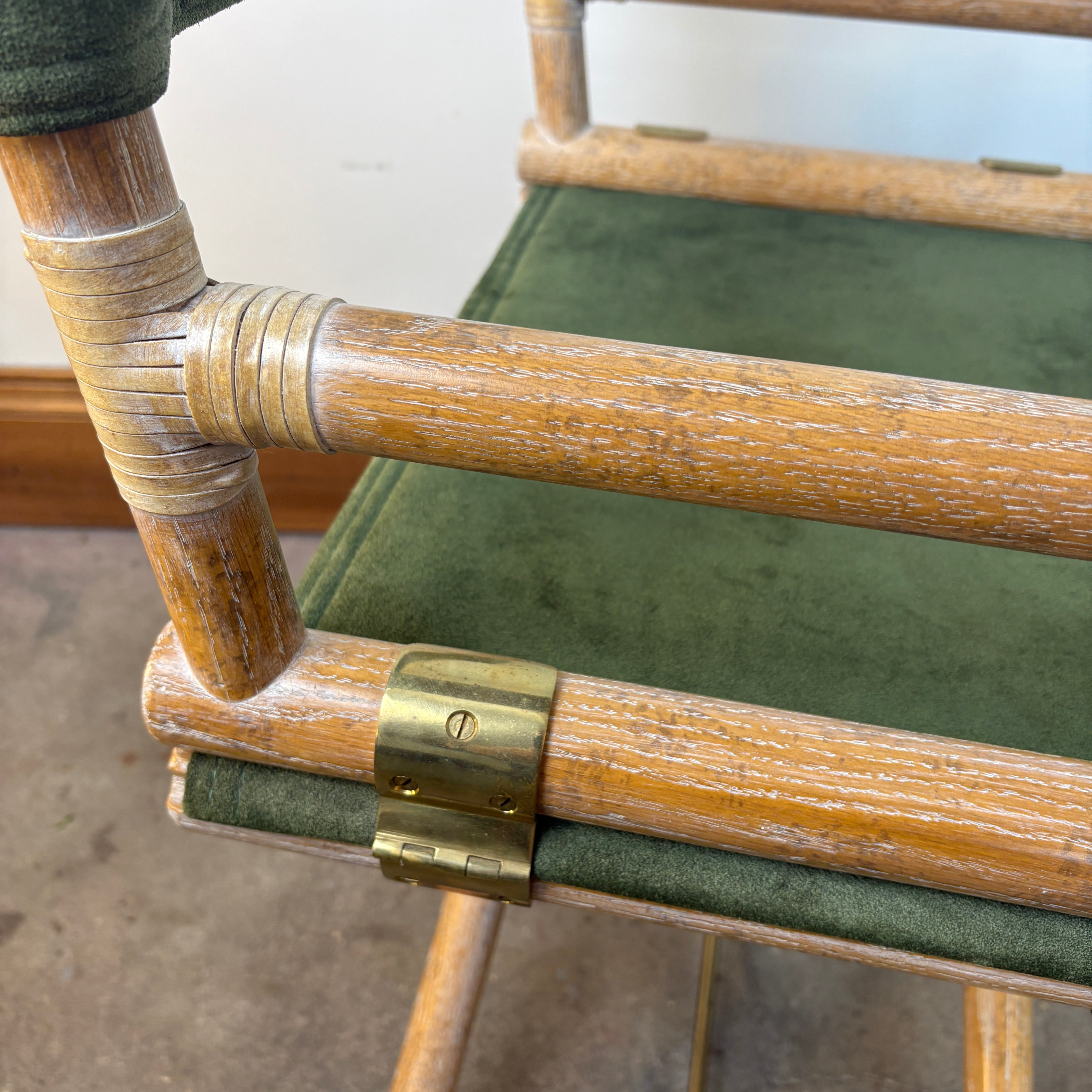 Vintage McGuire Oak, Leather and Brass Directors Chairs, Green Suede.  Sold only in Pairs.  Each Chair is $1250.