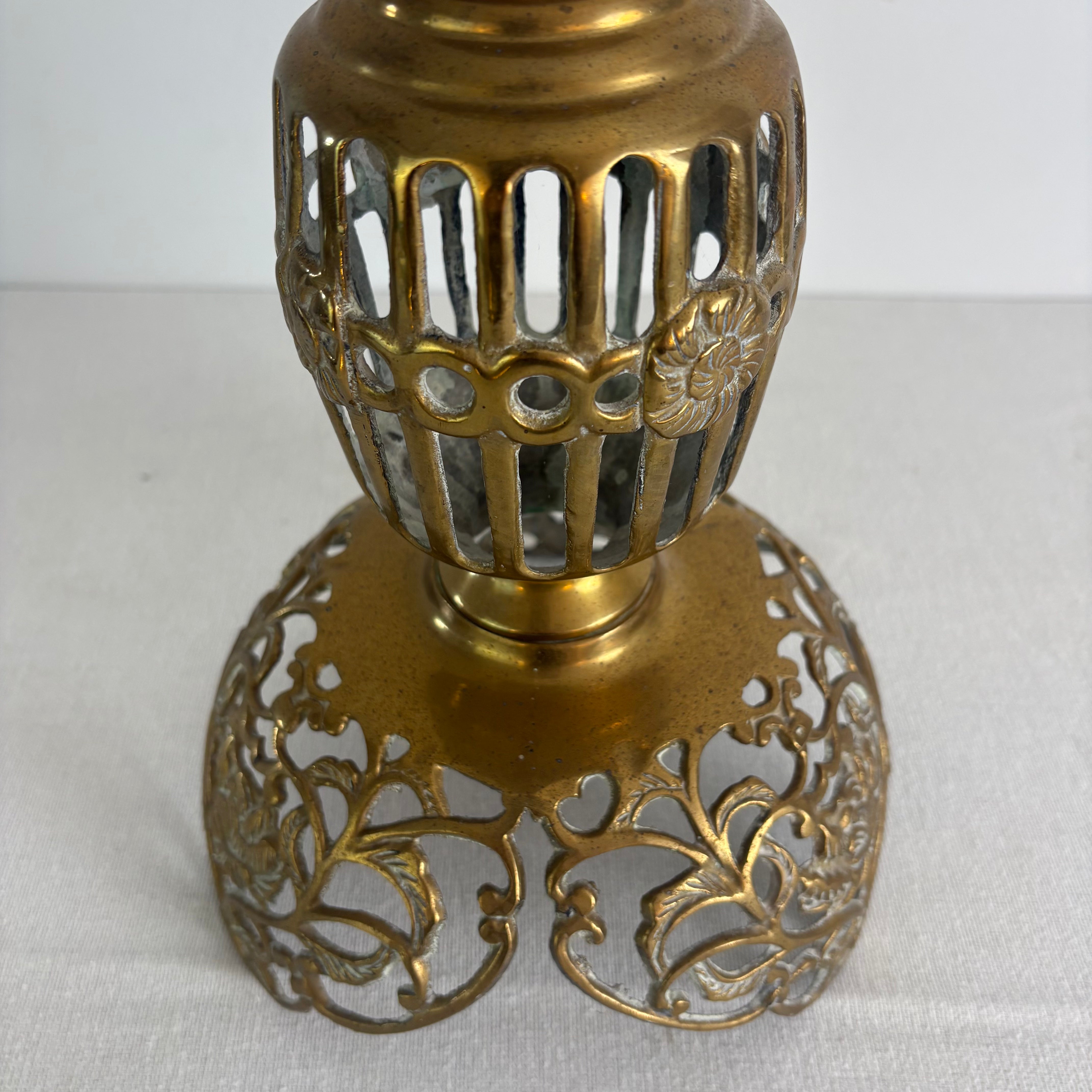 Pair of Large Brass Candlesticks with Filigree Detail. Sku, 032983