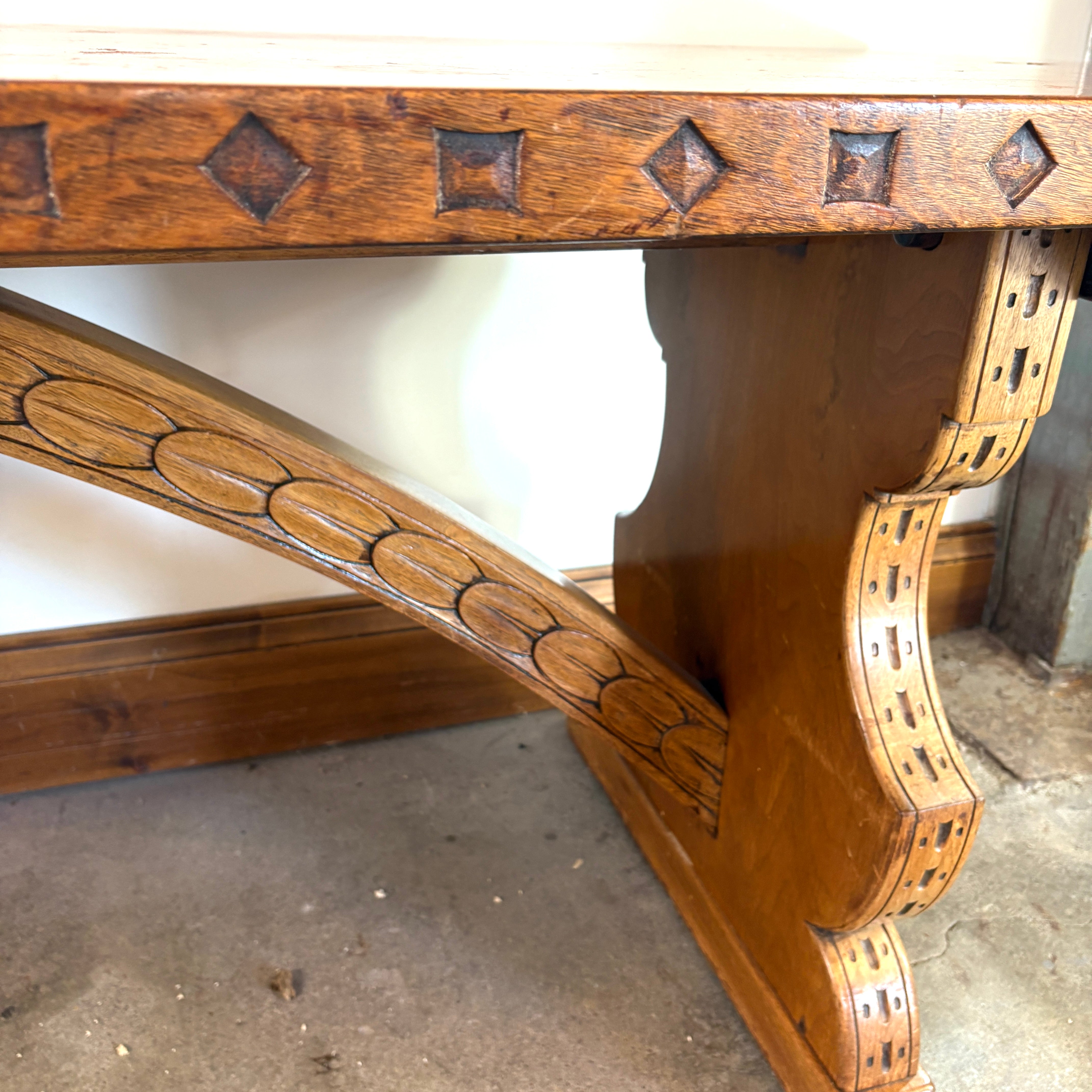 Vintage Long Pedestal Table with Bowtie Joinery and Mortise & Tenon Base, Sku 033112