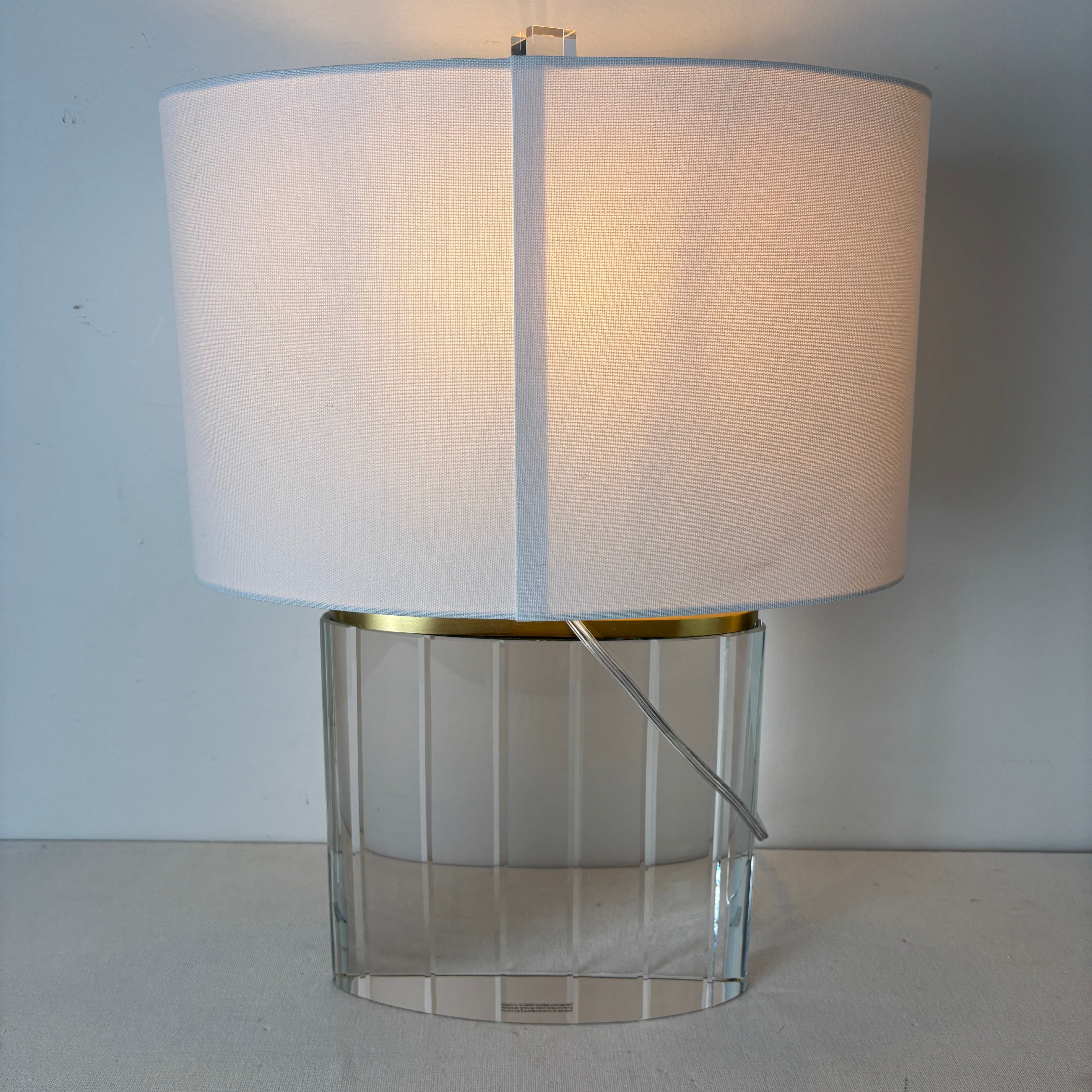 Crystal Base Table Lamp, Ribbed Detail, Oval White Linen Shade, Coordinating Finial, Sku 033132