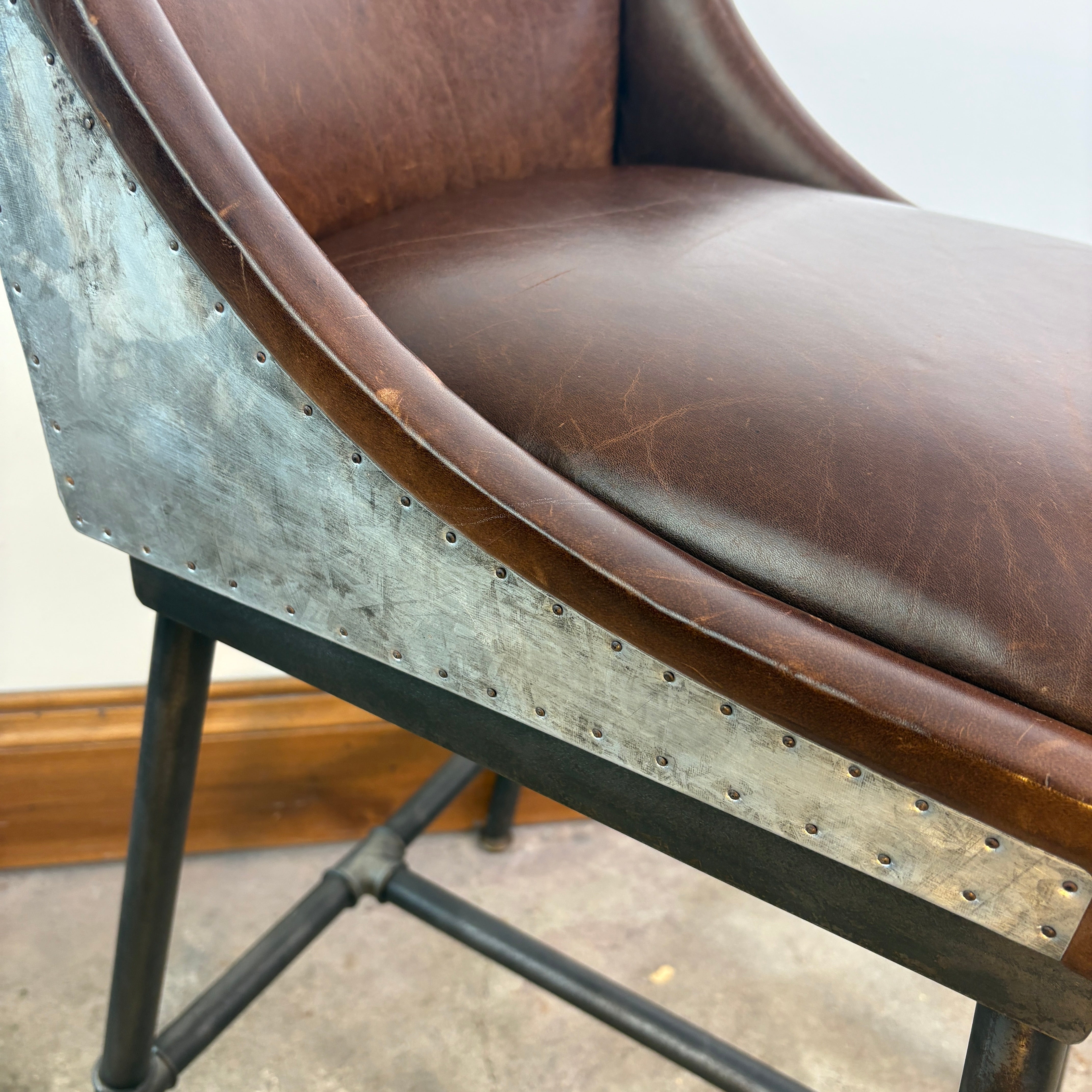 RH Counter Stool, Leather, Galvinized Metal and Steel Pipe Foundation Sku, 033002