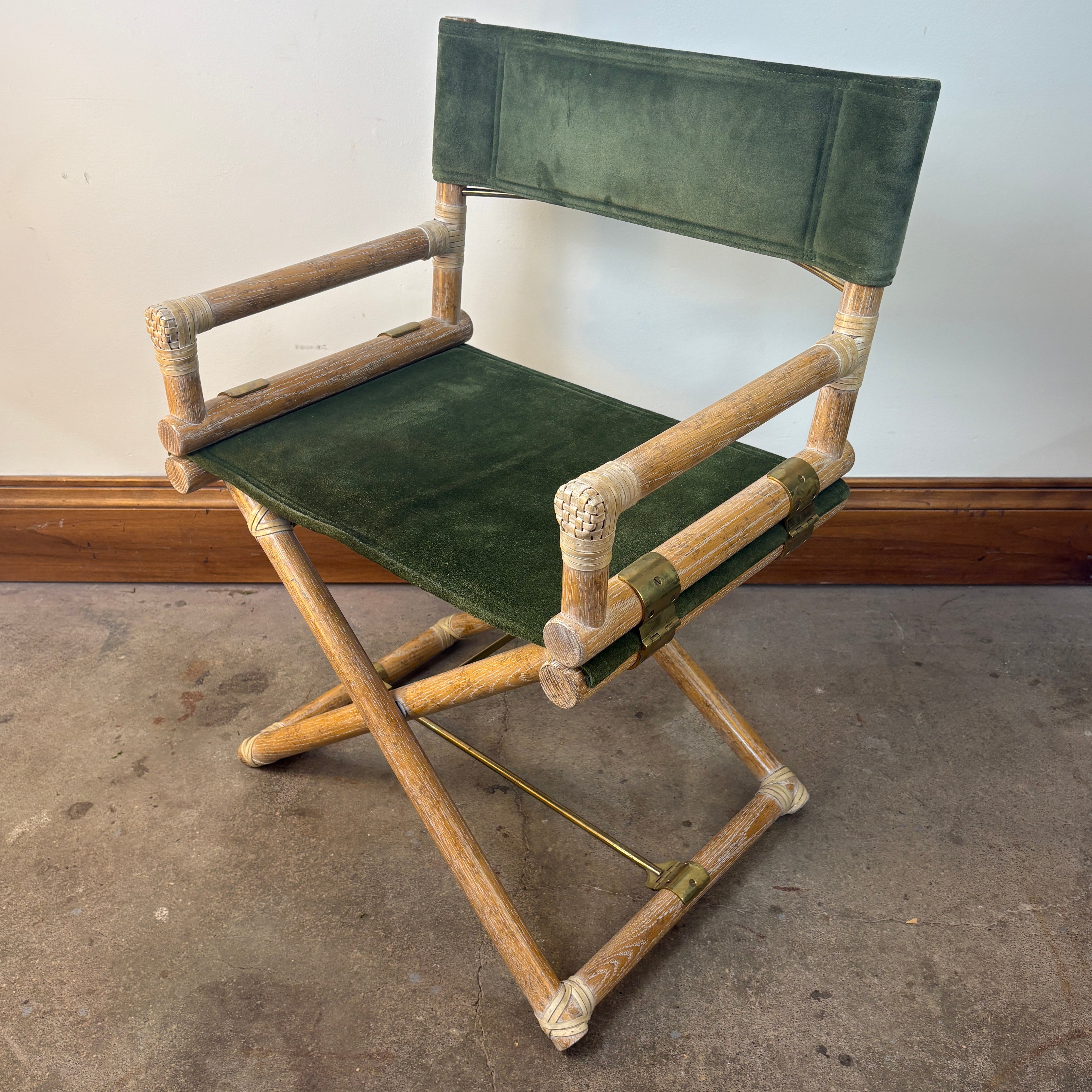 Vintage McGuire Oak, Leather and Brass Directors Chairs, Green Suede.  Sold only in Pairs.  Each Chair is $1250.