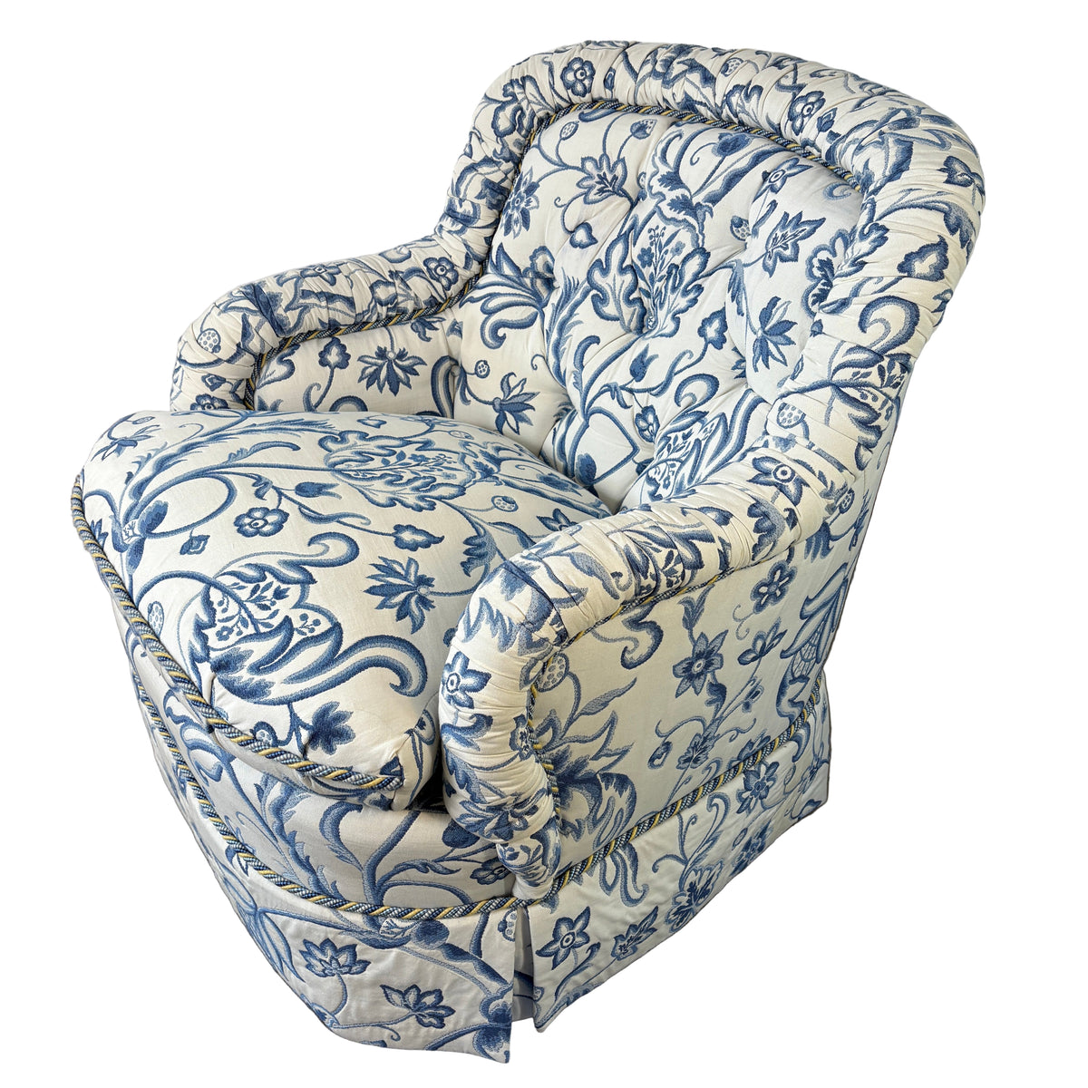 Custom Upholstered Armchair Indigo and Cream Turkish Flower Pattern with Braid Welting, Seat Cushion is a Foam and Down Combination, Sku 033298