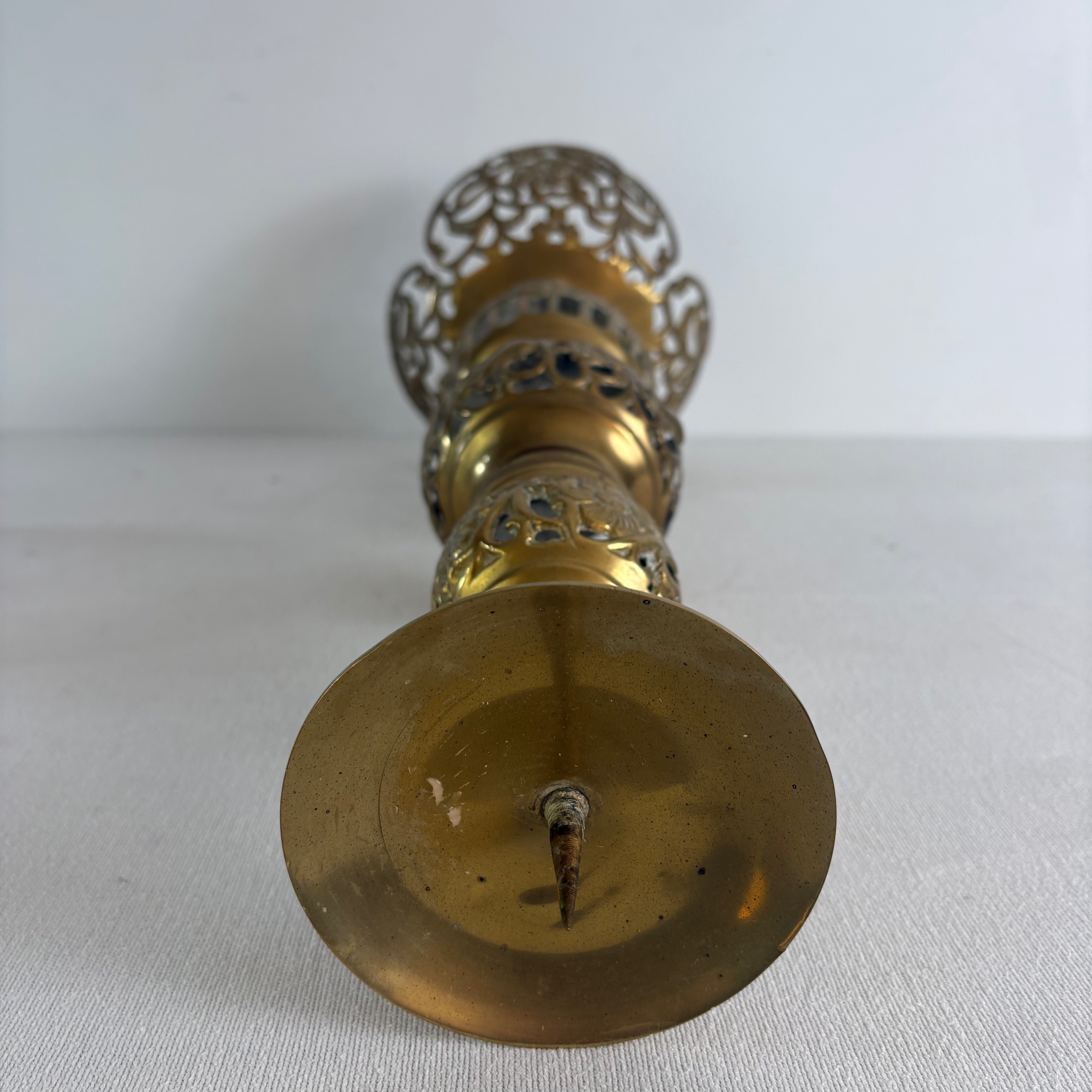 Pair of Large Brass Candlesticks with Filigree Detail. Sku, 032983