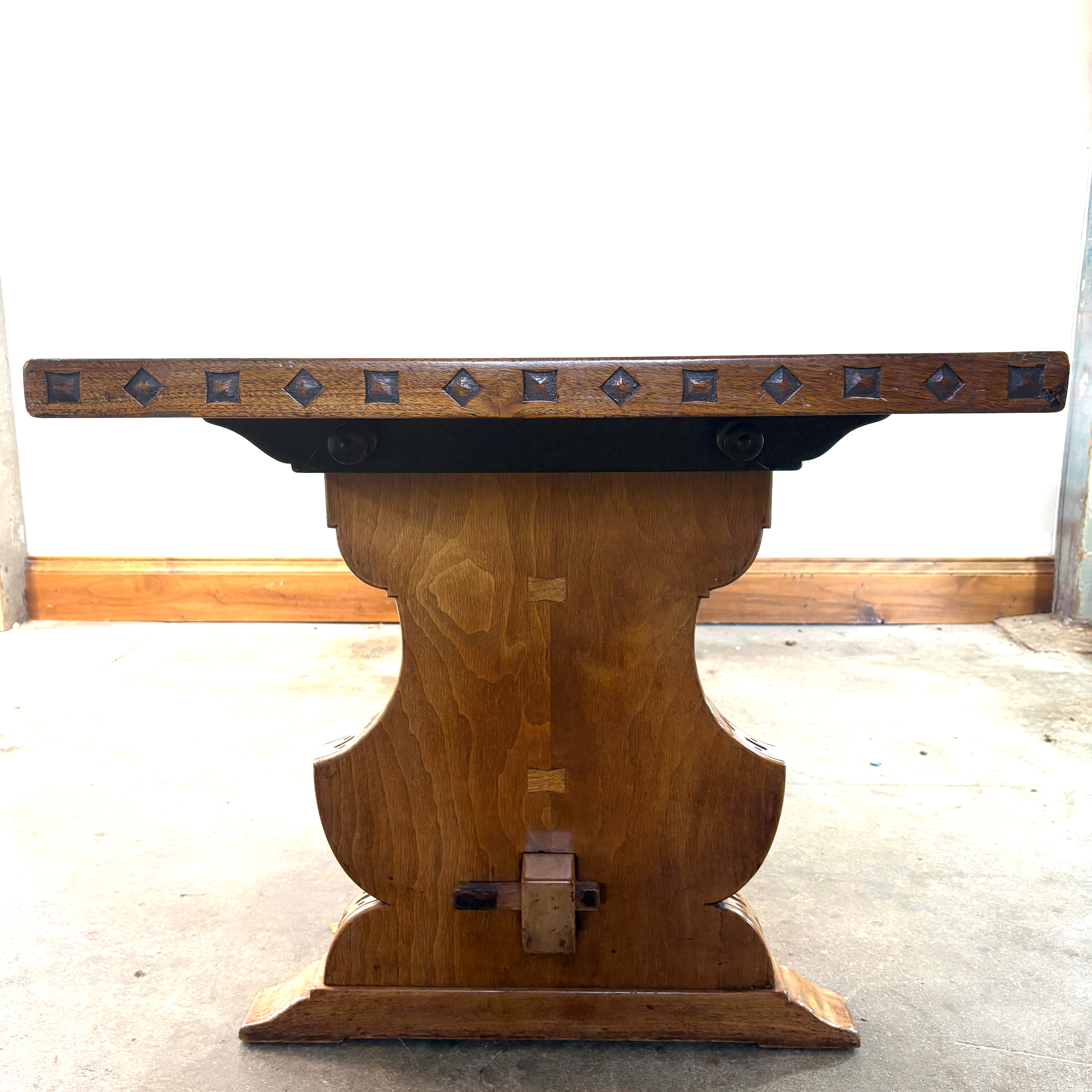 Vintage Long Pedestal Table with Bowtie Joinery and Mortise & Tenon Base, Sku 033112