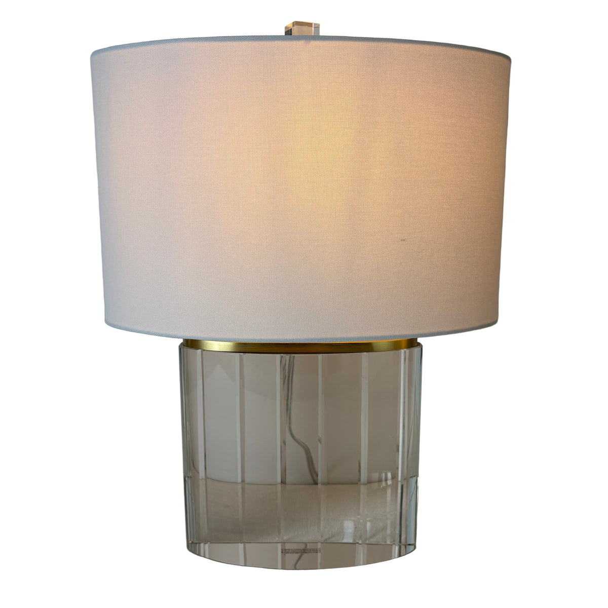 Crystal Base Table Lamp, Ribbed Detail, Oval White Linen Shade, Coordinating Finial, Sku 033132