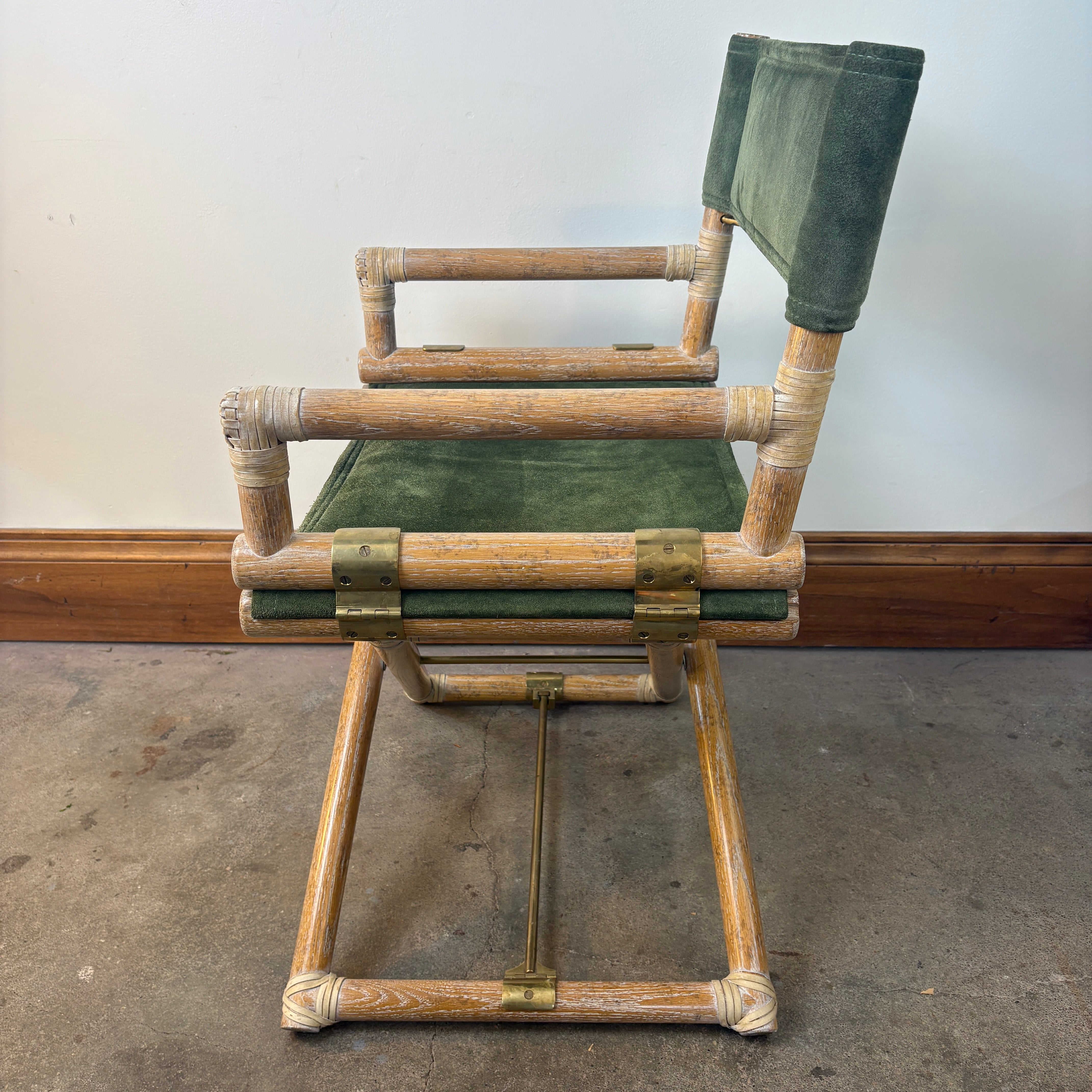 Vintage McGuire Oak, Leather and Brass Directors Chairs, Green Suede.  Sold only in Pairs.  Each Chair is $1250.
