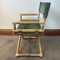 Vintage McGuire Oak, Leather and Brass Directors Chairs, Green Suede.  Sold only in Pairs.  Each Chair is $1250.