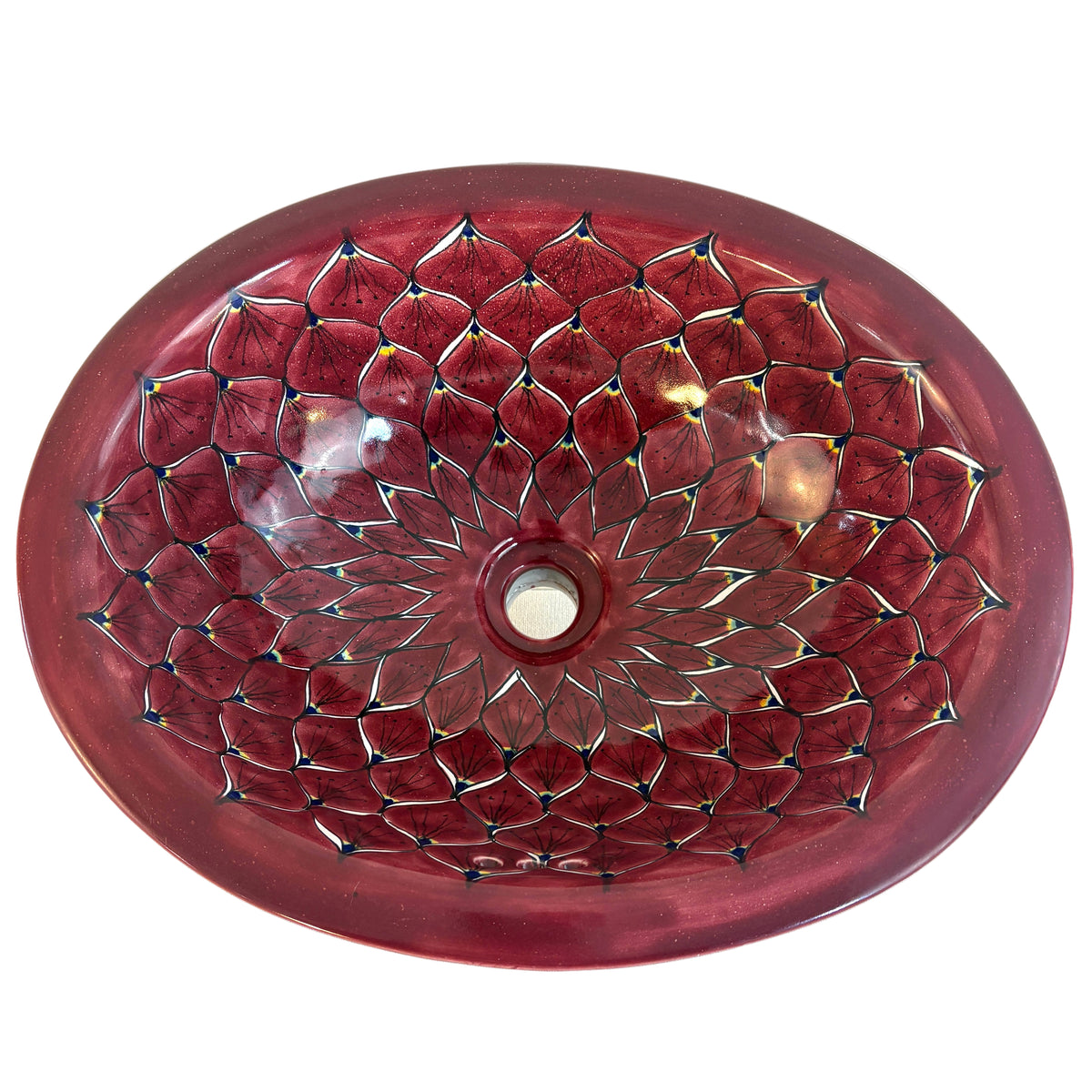 Talavera Mexican Folk Art Hand Painted Sink Stylized Feather Design, Sku 033237