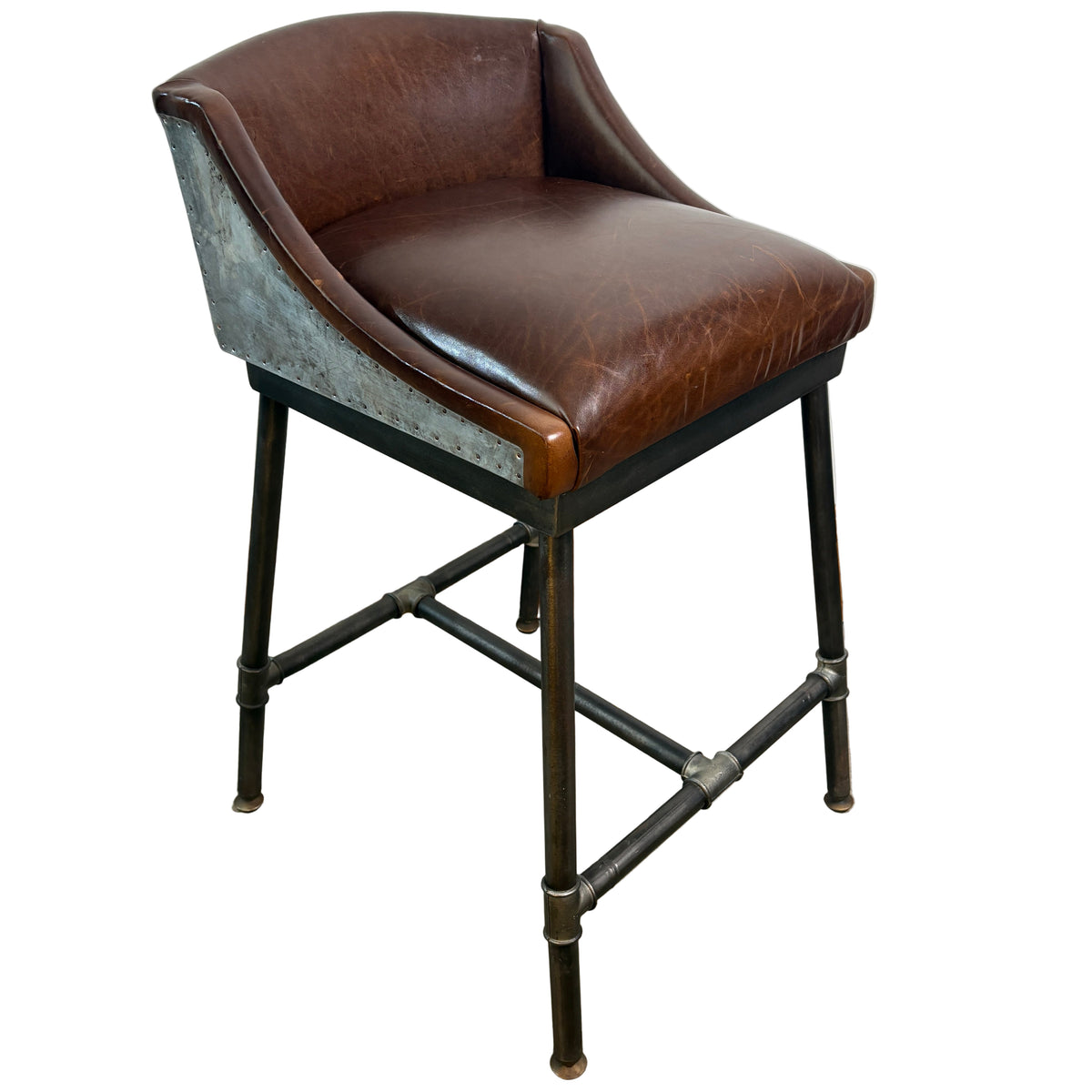 RH Counter Stool, Leather, Galvinized Metal and Steel Pipe Foundation Sku, 033002