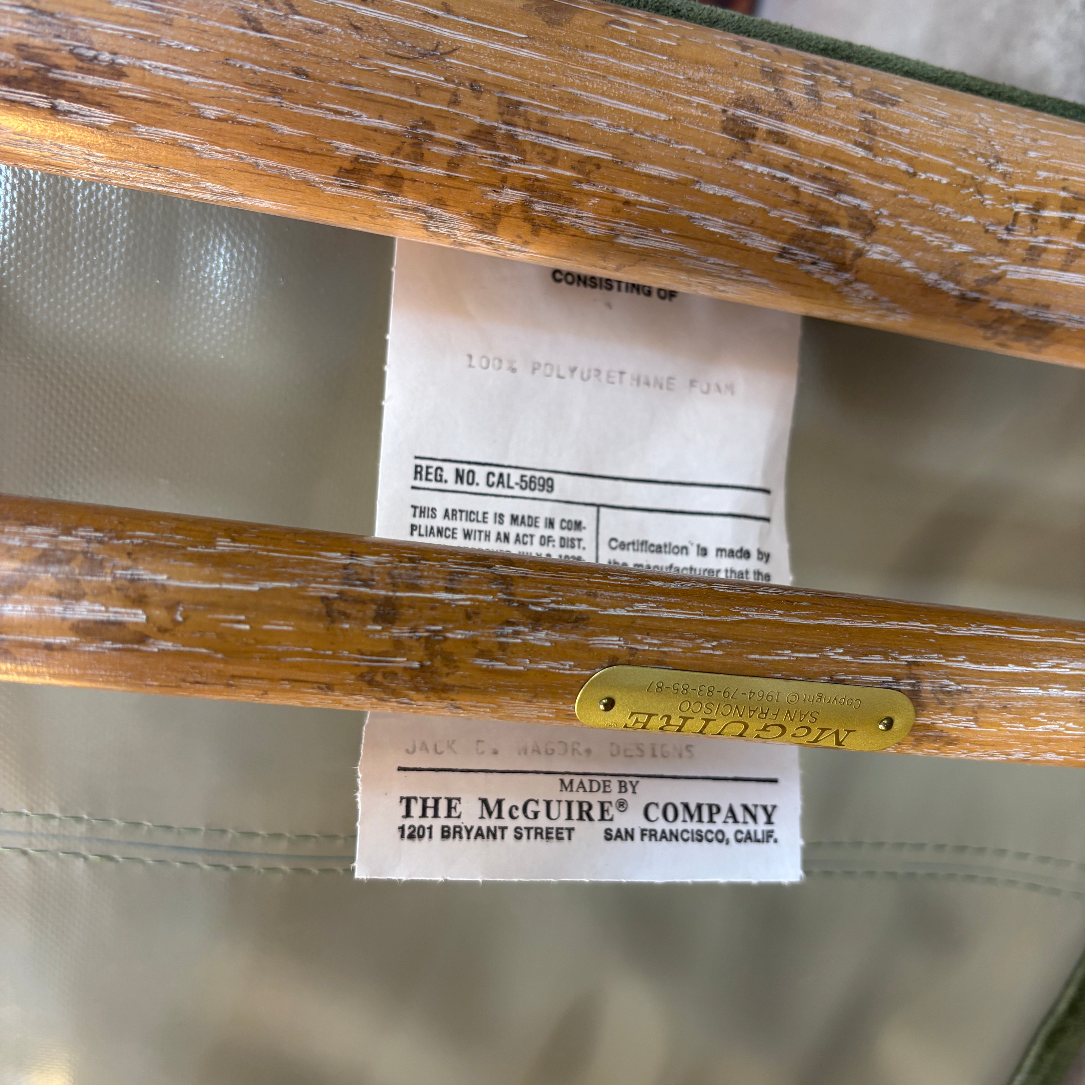 Vintage McGuire Oak, Leather and Brass Directors Chairs, Green Suede.  Sold only in Pairs.  Each Chair is $1250.