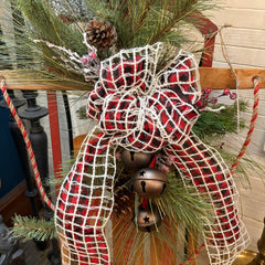 Vintage Sled Adorned and Reimagined with Holiday Charm, White, Black and Red Ribbon, Sku 033283