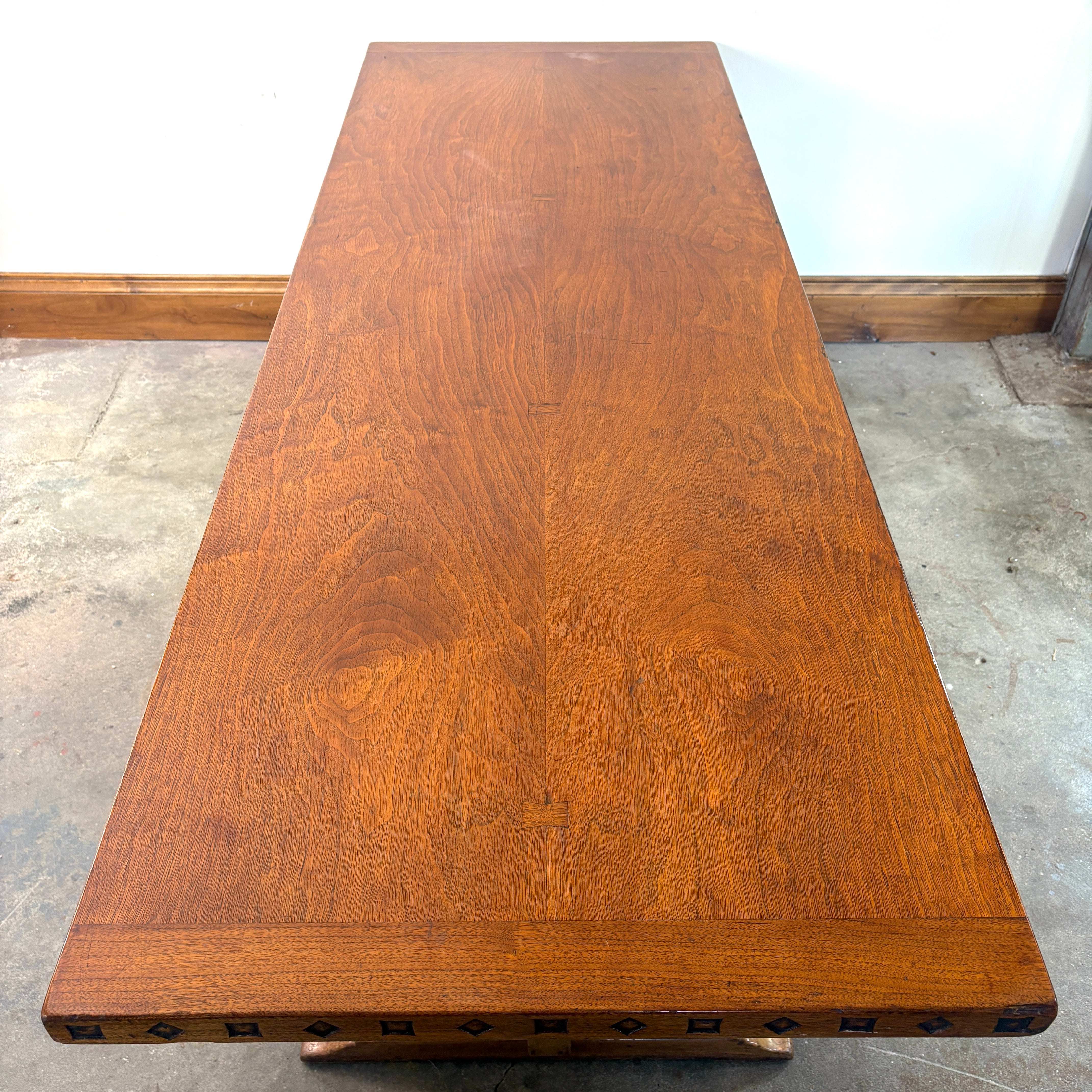 Vintage Long Pedestal Table with Bowtie Joinery and Mortise & Tenon Base, Sku 033112