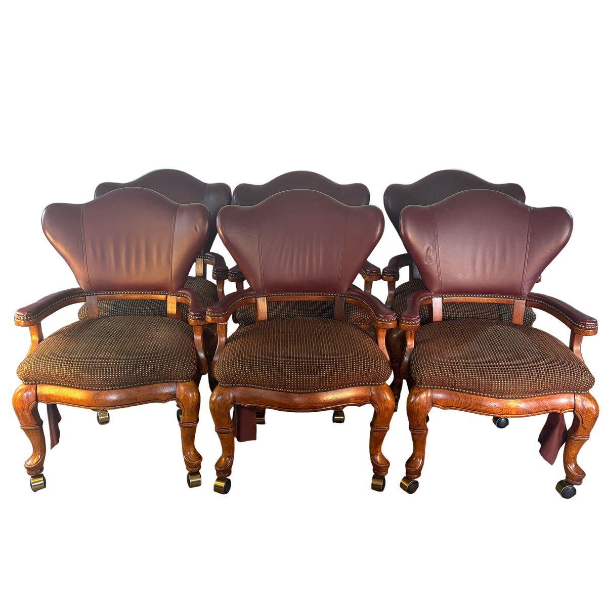 Set of 6 Thomasville Arm Chairs on Casters with Nail Head Detail, Combination of Leather and Fabric Upholstery, Sku 033246