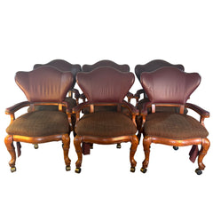 Set of 6 Thomasville Arm Chairs on Casters with Nail Head Detail, Combination of Leather and Fabric Upholstery, Sku 033246